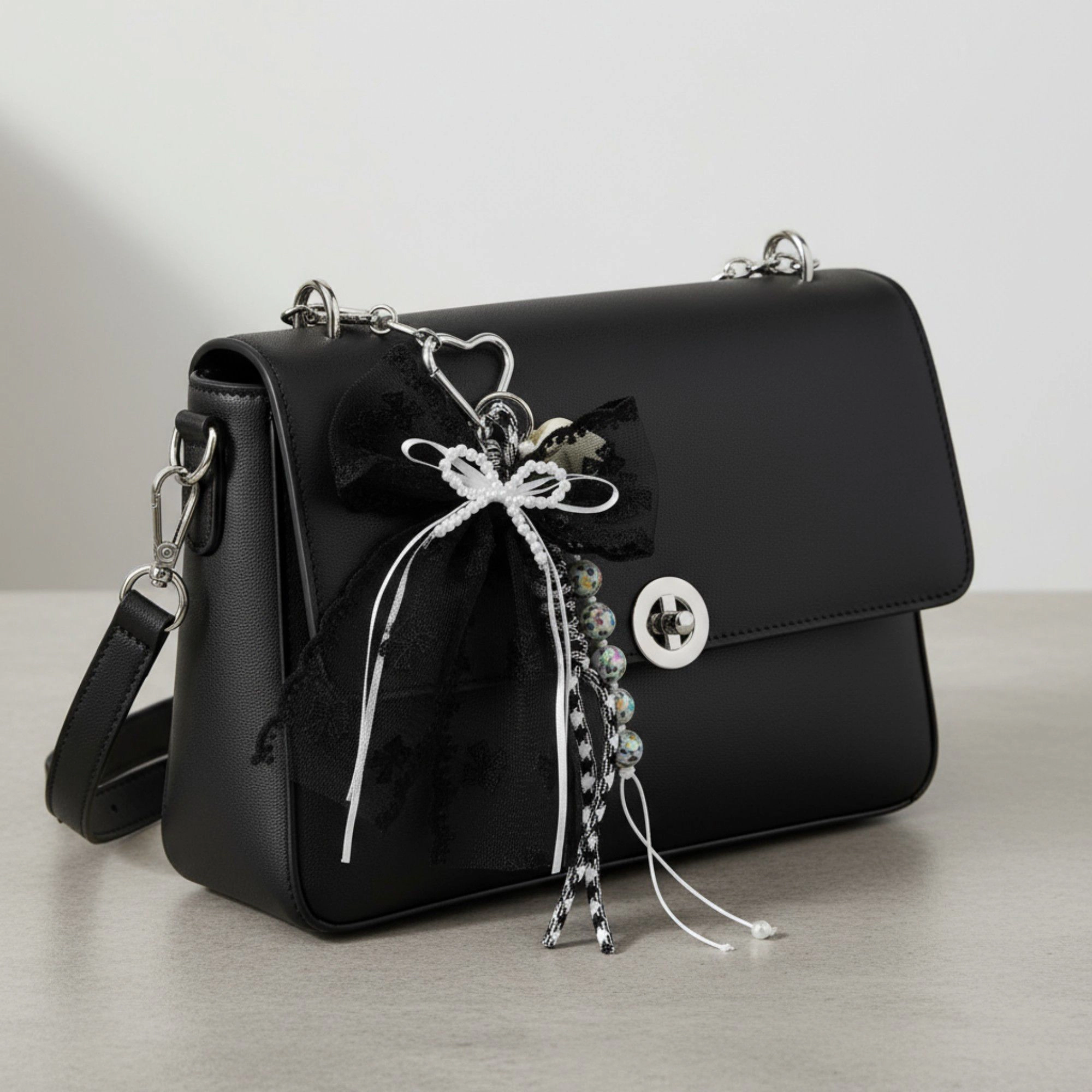 Alilang Women's Black Lace Bow Keychain with Heart Clasp and Beaded Ribbon Details