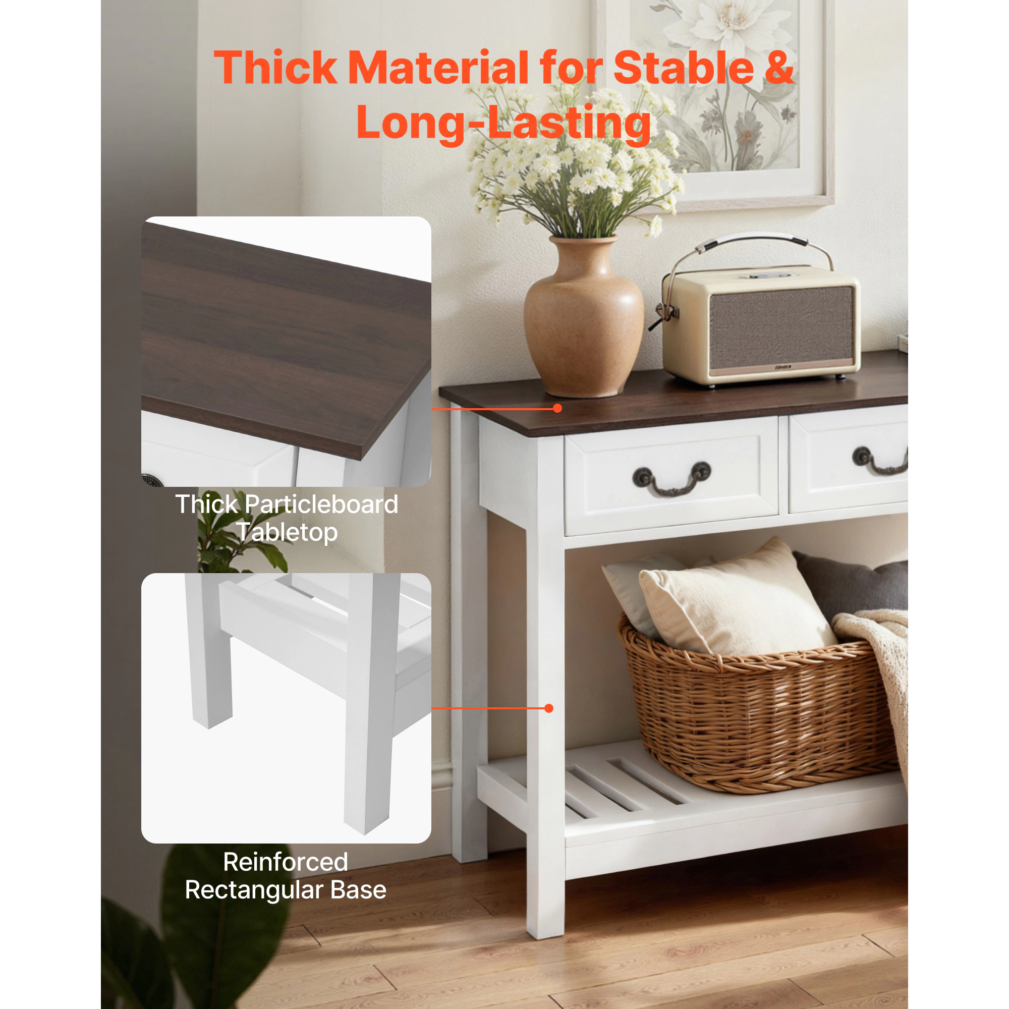 HONGGE Farmhouse Console Table Behind Couch, Wooden Rectangle Narrow Sofa Desk for Hallway Bedroom Living Room Foyer