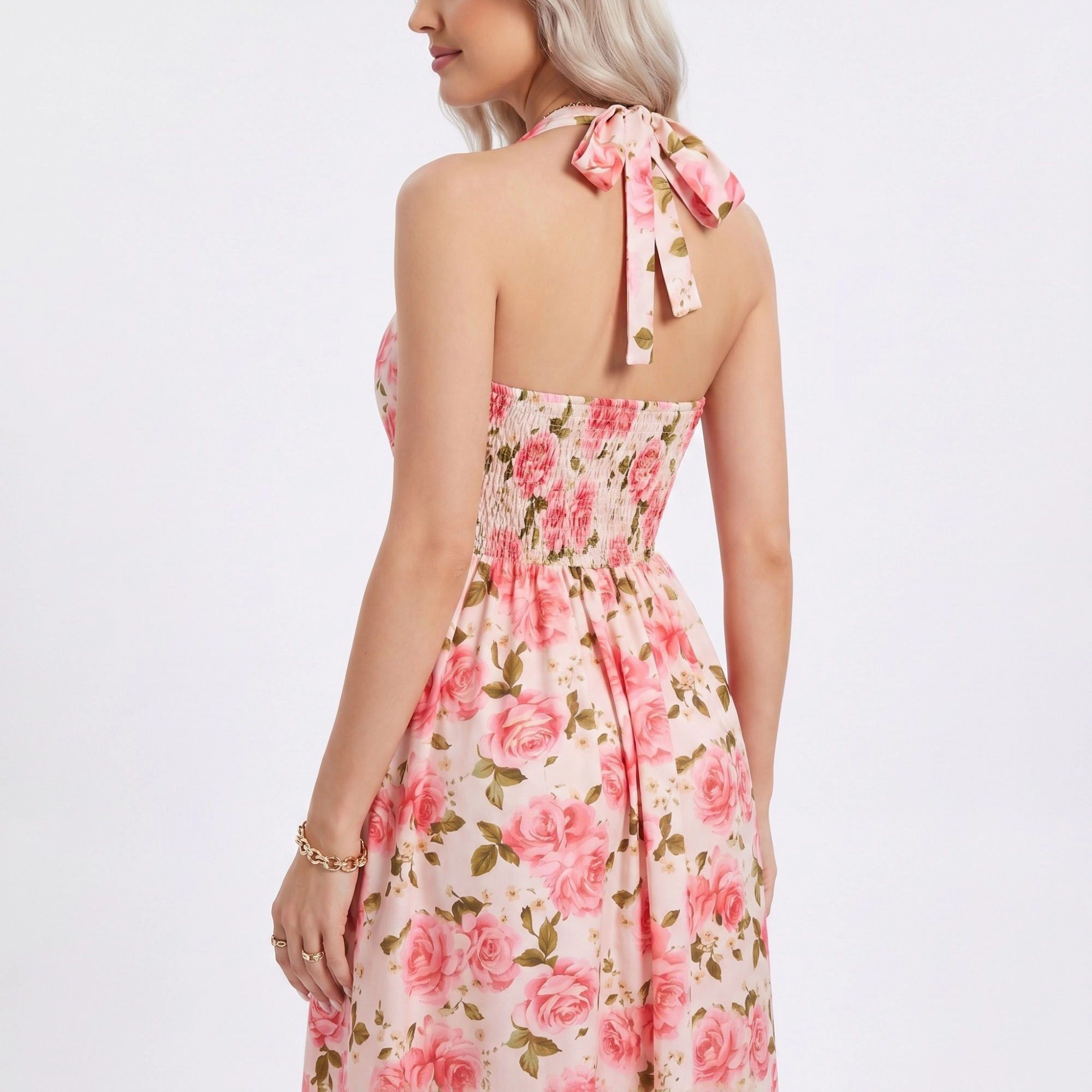 Anna-Kaci Women's Floral Print Halter Smocked Back Midi Dress