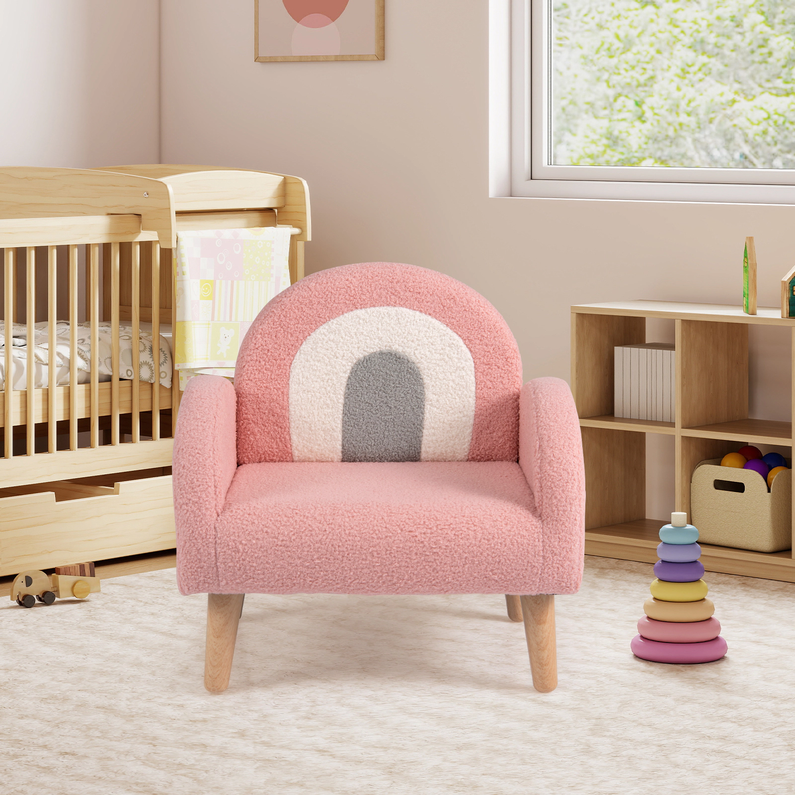 SUGIFT Pink Toddler Armchair with Teddy Fleece, Padded Arms and Wood-Like Legs