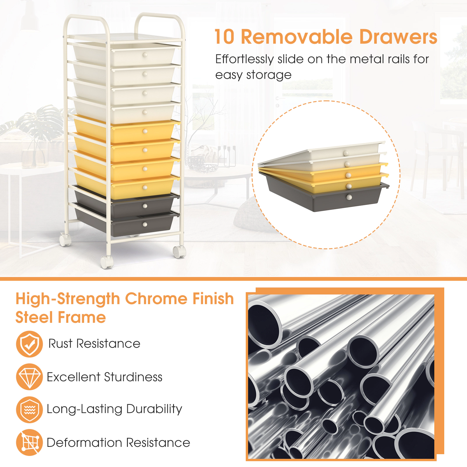 SUGIFT 10-Drawer Rolling Storage Cart Organizer with 4 Universal Casters 3-lb Drawer Capacity Yellow