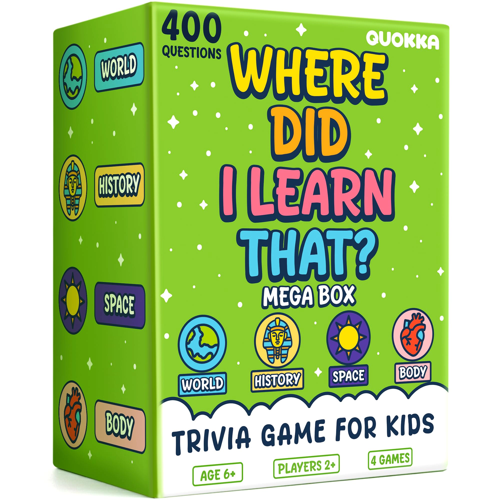 QUOKKA Kids Trivia Card Game Set Ages 6-12, World Geography, Space, History and Human Body Topics