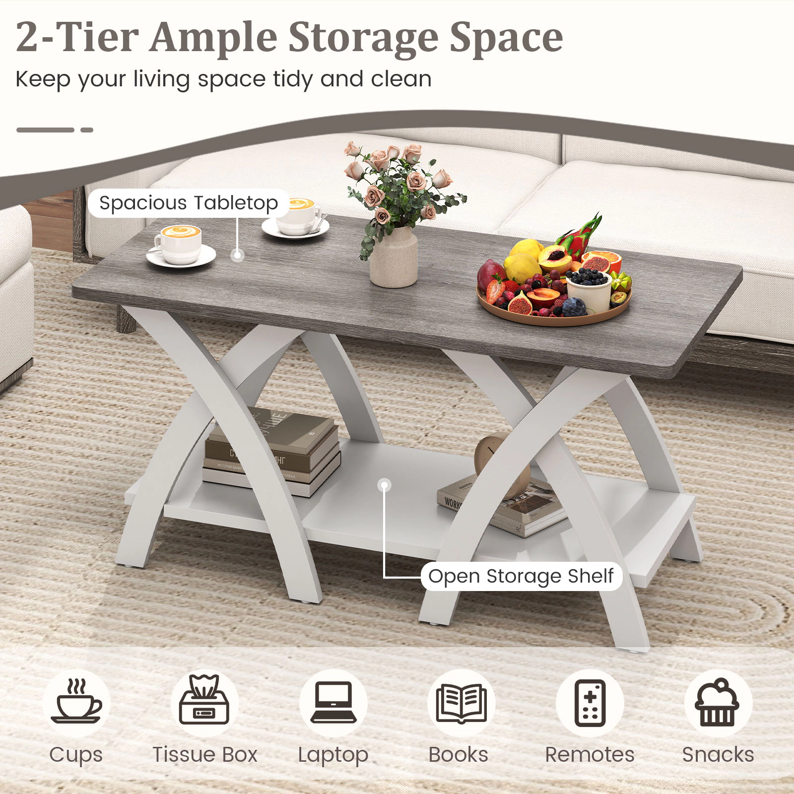 Glintex Farmhouse 40-Inch 2-Tier Coffee Table with X-Shaped Wood Frame