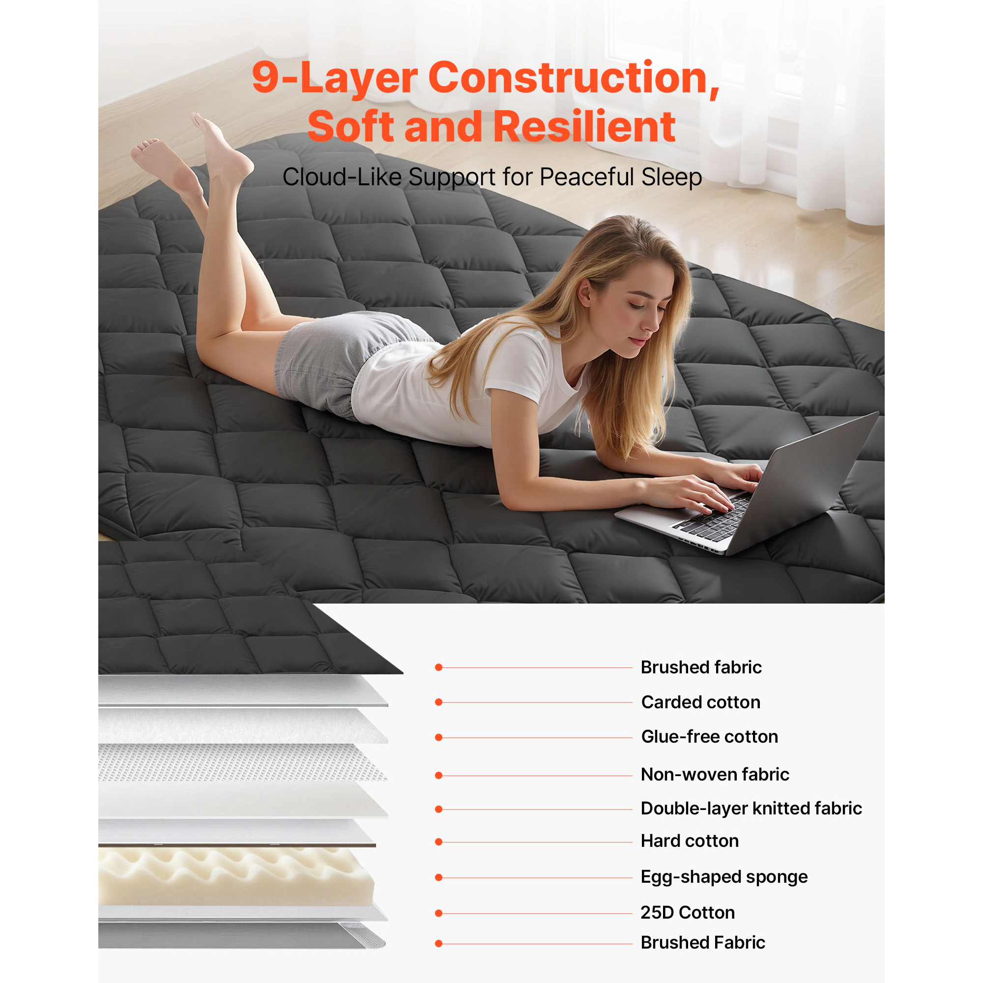 HONGGE Japanese Tatami Mat Foldable Japanese Tatami Mattress Futon Mattress with Storage Bag & Fastener 9-Layer Floor