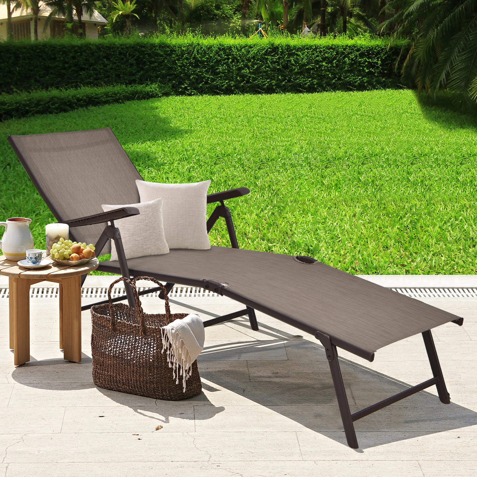 SUGIFT Brown Foldable Chaise Lounge Chair, 5-Angle Backrest, 2-Position Footrest