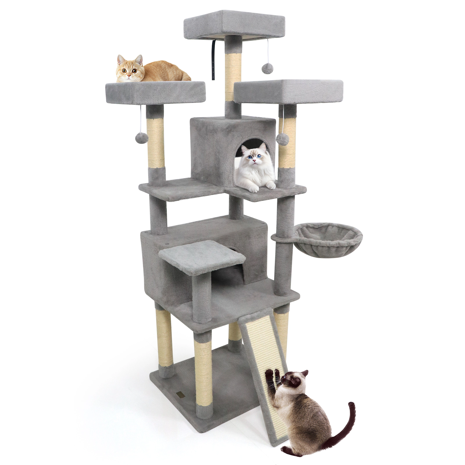 SUGIFT 65-in Tall Multi-level Cat Tree with 3 Upholstered Perches and 2 Cat Condos Light Gray