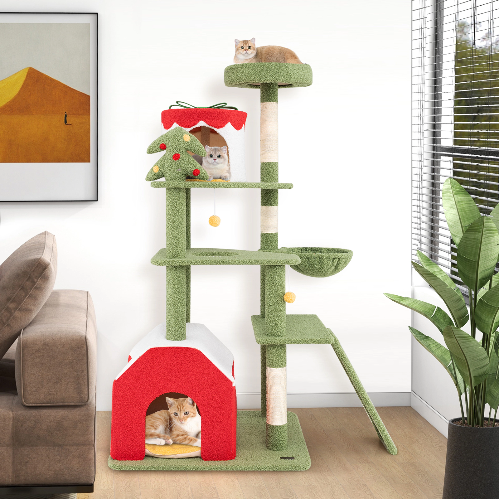 SUGIFT 61-in Christmas Cat Tree with Sisal Scratching Posts, 2 Condos and Basket Bed Green, Red, Yellow, White
