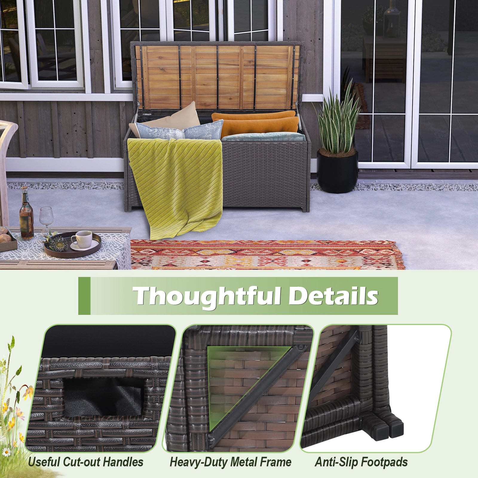 SUGIFT 45-Gallon Outdoor Storage Bench with Zippered Liner 795-lb Seating Capacity 66-lb Inner Load Mix Brown