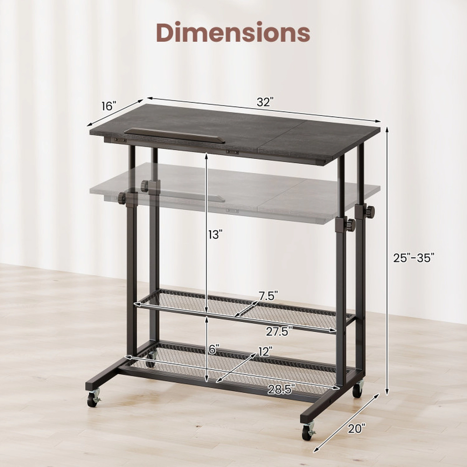 SUGIFT Black Oak Tilting Tabletop and 2 Storage Shelves Mobile Standing Desk