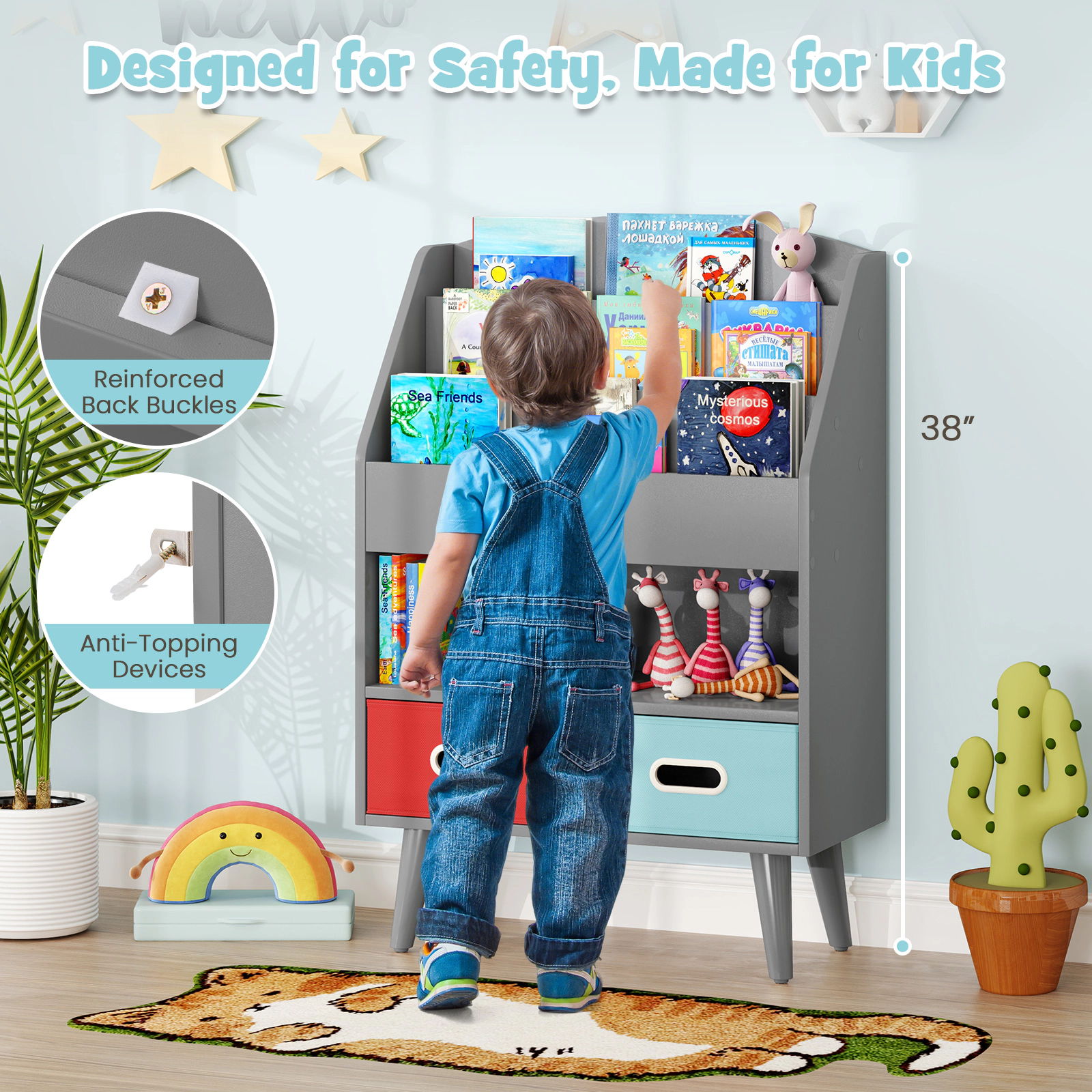 Hivvago Kids Bookshelf with Open Compartment for Toddlers 3+ Years Old