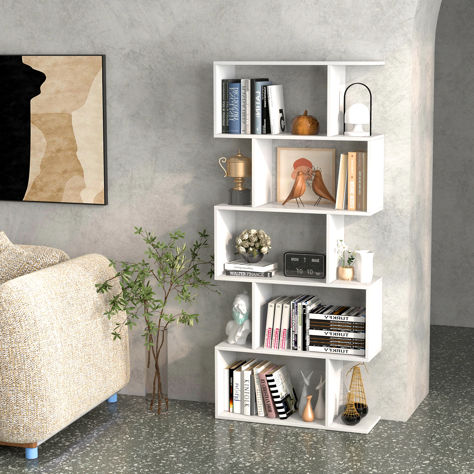 SUGIFT 5-Tier S Shaped Bookshelf Wide Base & Anti-Toppling Device 45-lb Shelf Capacity Rustic Brown for Living Room Home