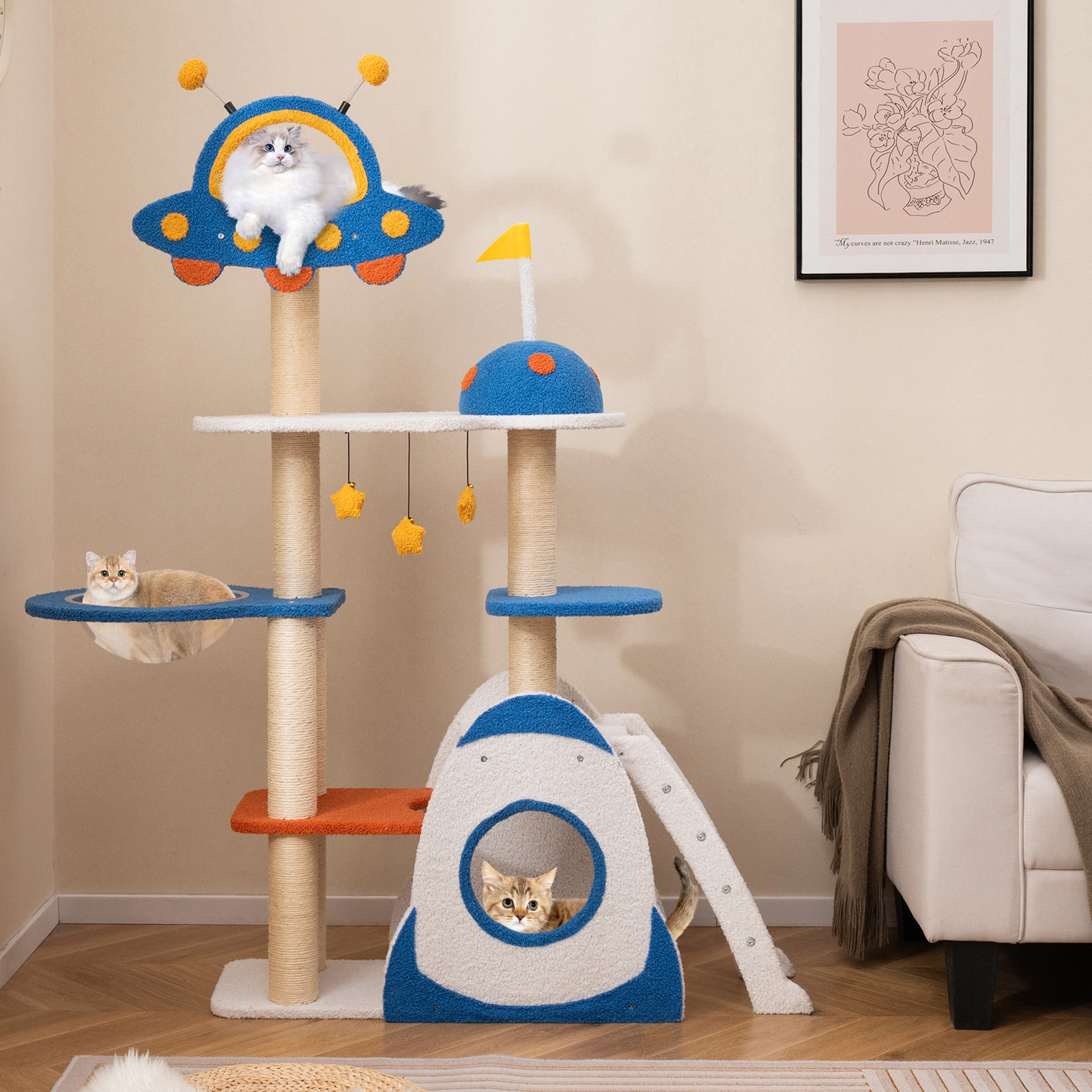Glintex 64.5-Inch Space-Themed Cat Tower with 6-Point Base and Cloud Platform, Multicolor