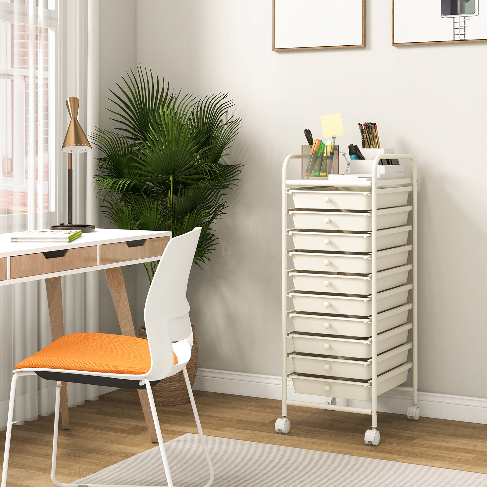 SUGIFT White 10-Drawer Rolling Storage Cart Organizer with Steel Frame and 2 Locking Casters for Office