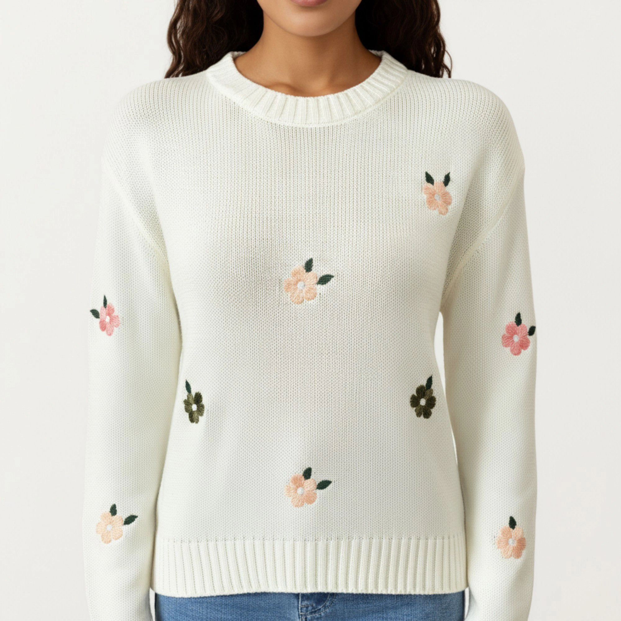 Anna-Kaci Women's Floral Embroidered Knit Sweater with Ribbed Hem Long Sleeves