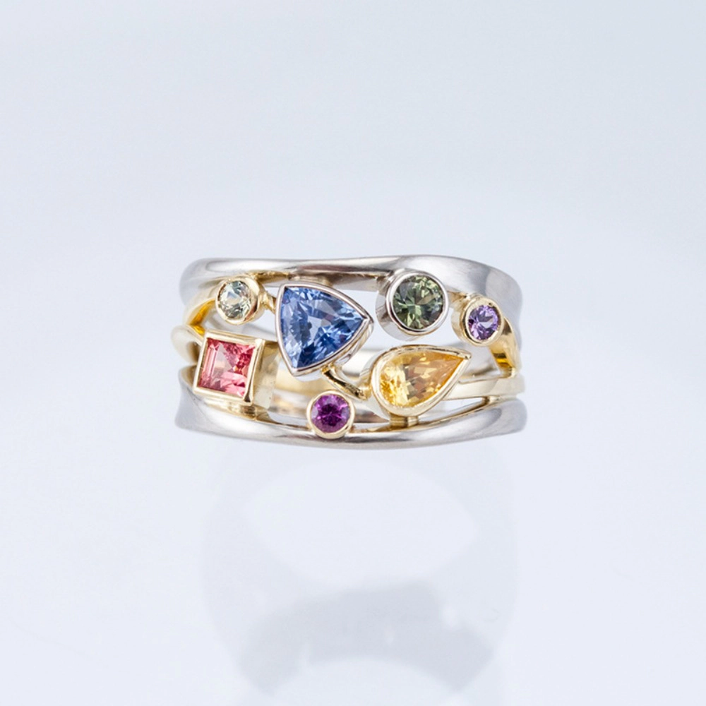 Wardrobe Whimsy Two‑Tone Multi‑Shape Multi‑Color Gemstone Crossover Band Ring