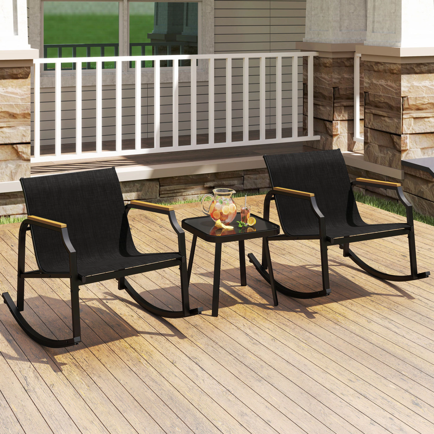 LJG 3 Piece Patio Rocking Bistro Set with Tempered Glass Coffee Table and Armrests for Porch