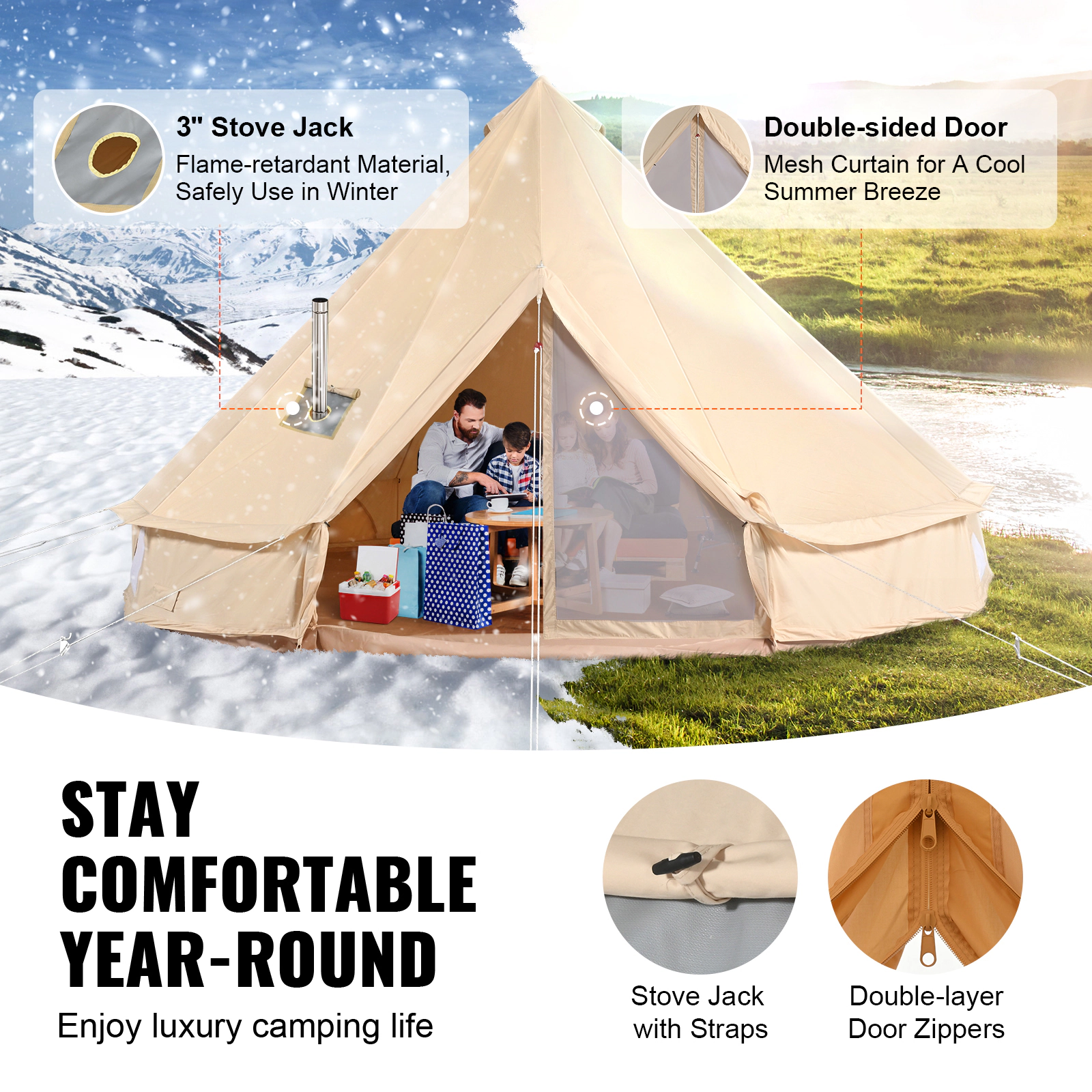 HONGGE Canvas Bell Tent 4 Seasons m/ Yurt Tent Canvas Tent for Camping with Stove Jack Breathable Tent Family Camping