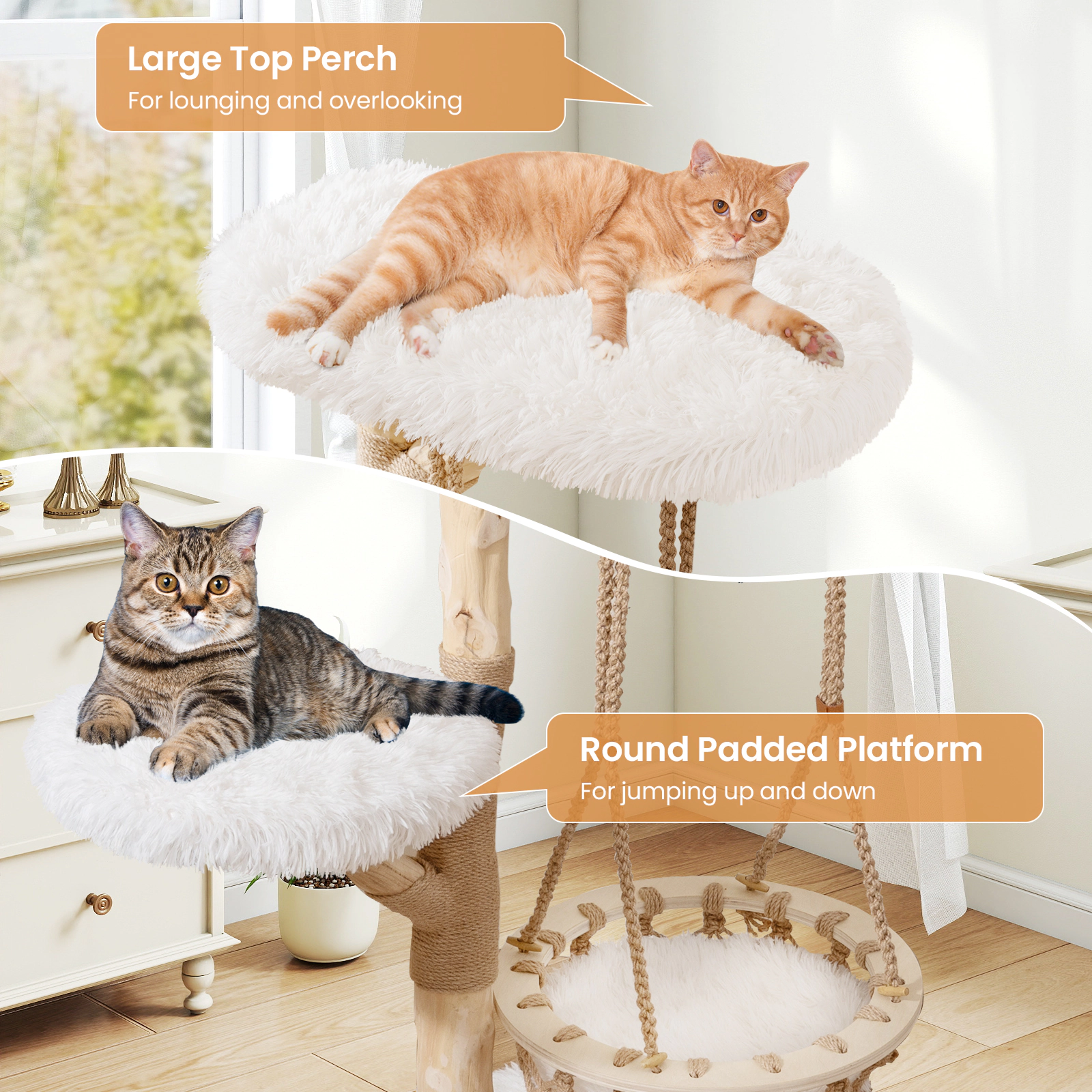 SUGIFT 48.5-in Solid Wood Cat Tree with Hanging Cradle Bed 23.5-in Top Perch Jute Post and 44-lb Layers