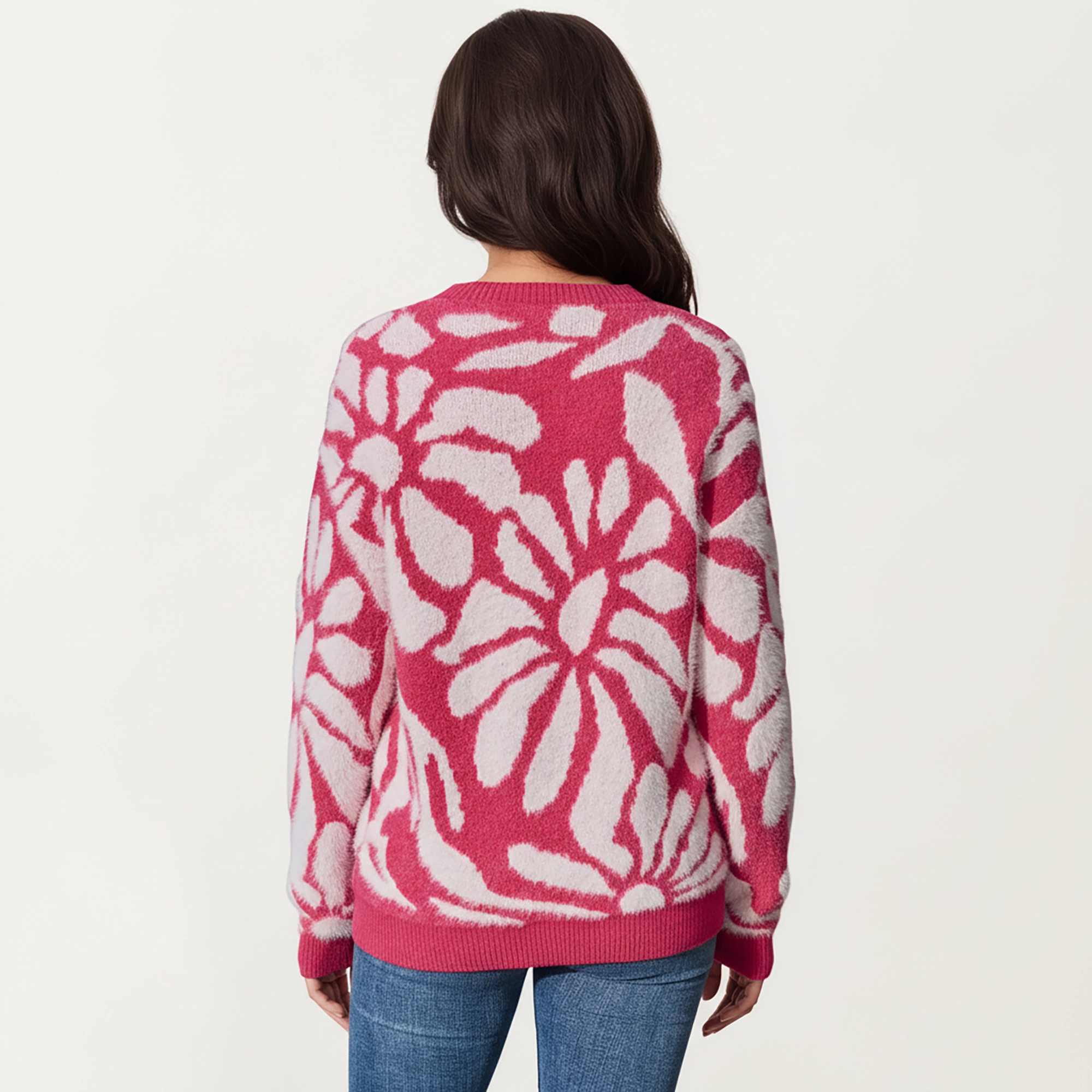 Anna-Kaci Women's Bold Abstract Floral Pattern Knit Sweater with Soft Textured Feel Ribbed Crew Neckline