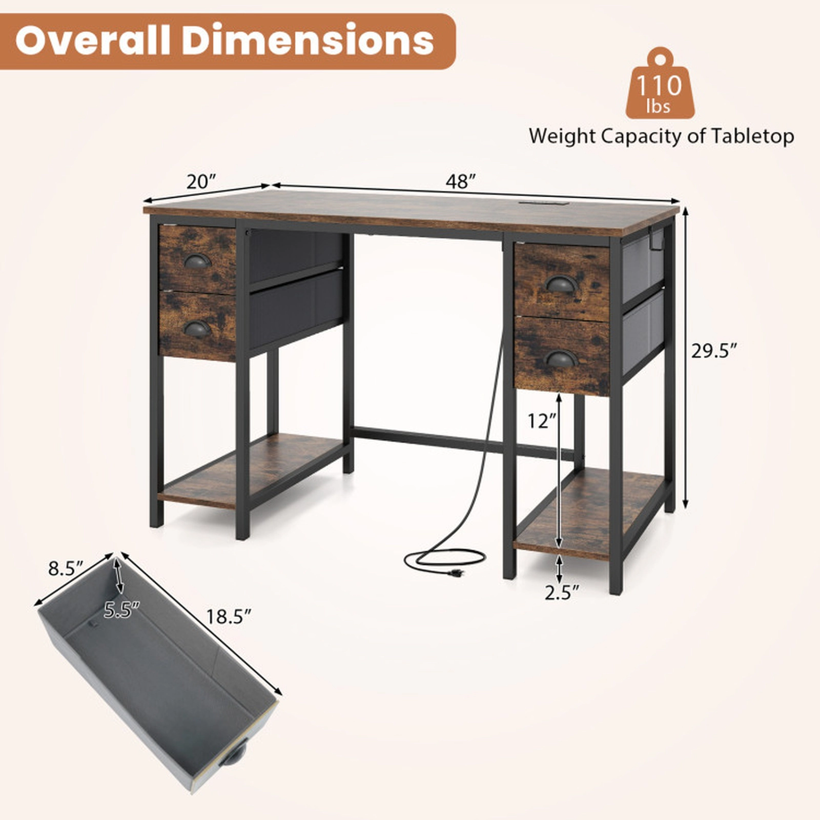 SUGIFT 48-in Computer Desk with Power Outlet 110-lb Tabletop Capacity with 4 Fabric Drawers Rustic Brown & Black