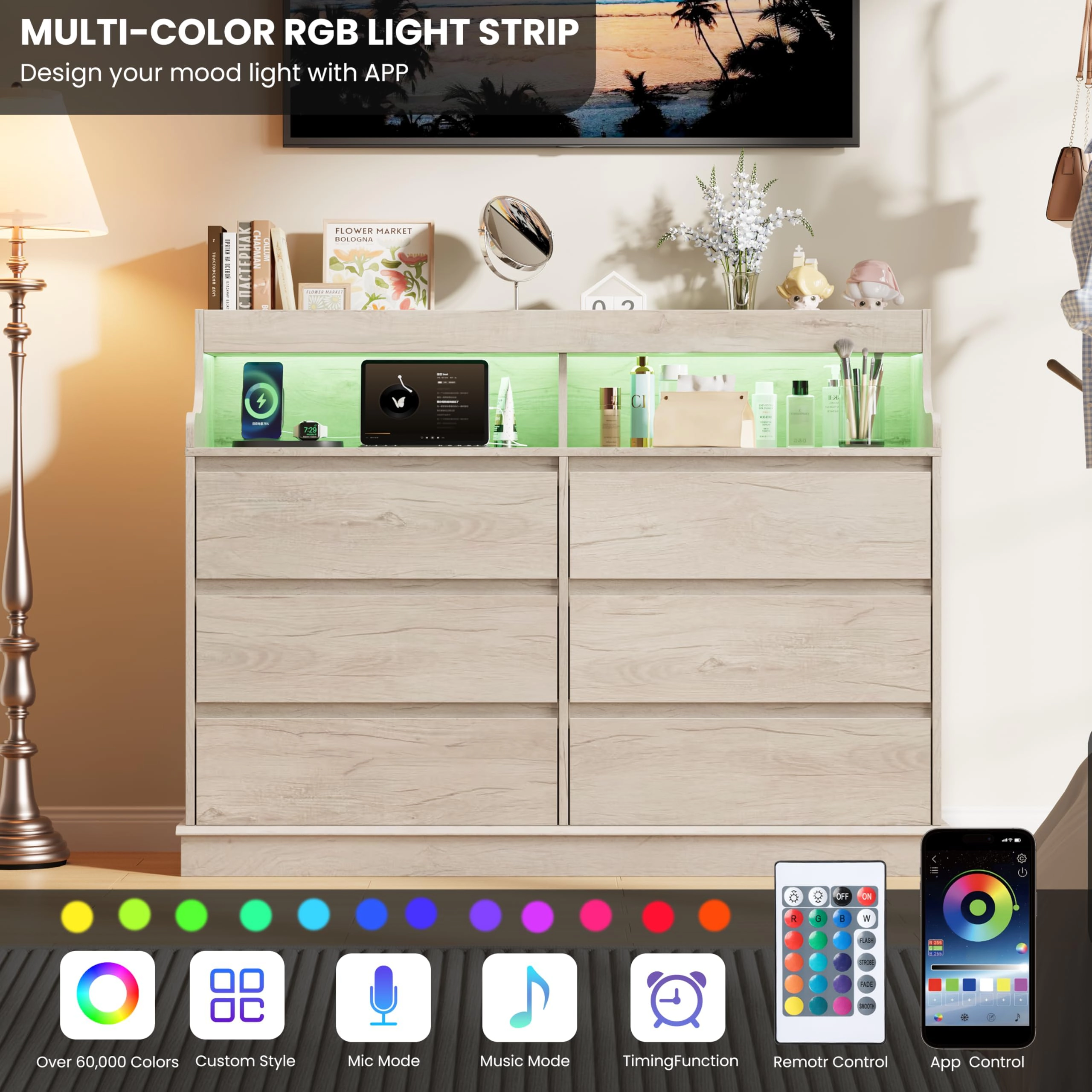 6 Drawer Dresser with RGB LED Lights & Charging Station, Wide Storage Chest with Open Shelf for Bedroom Living Room