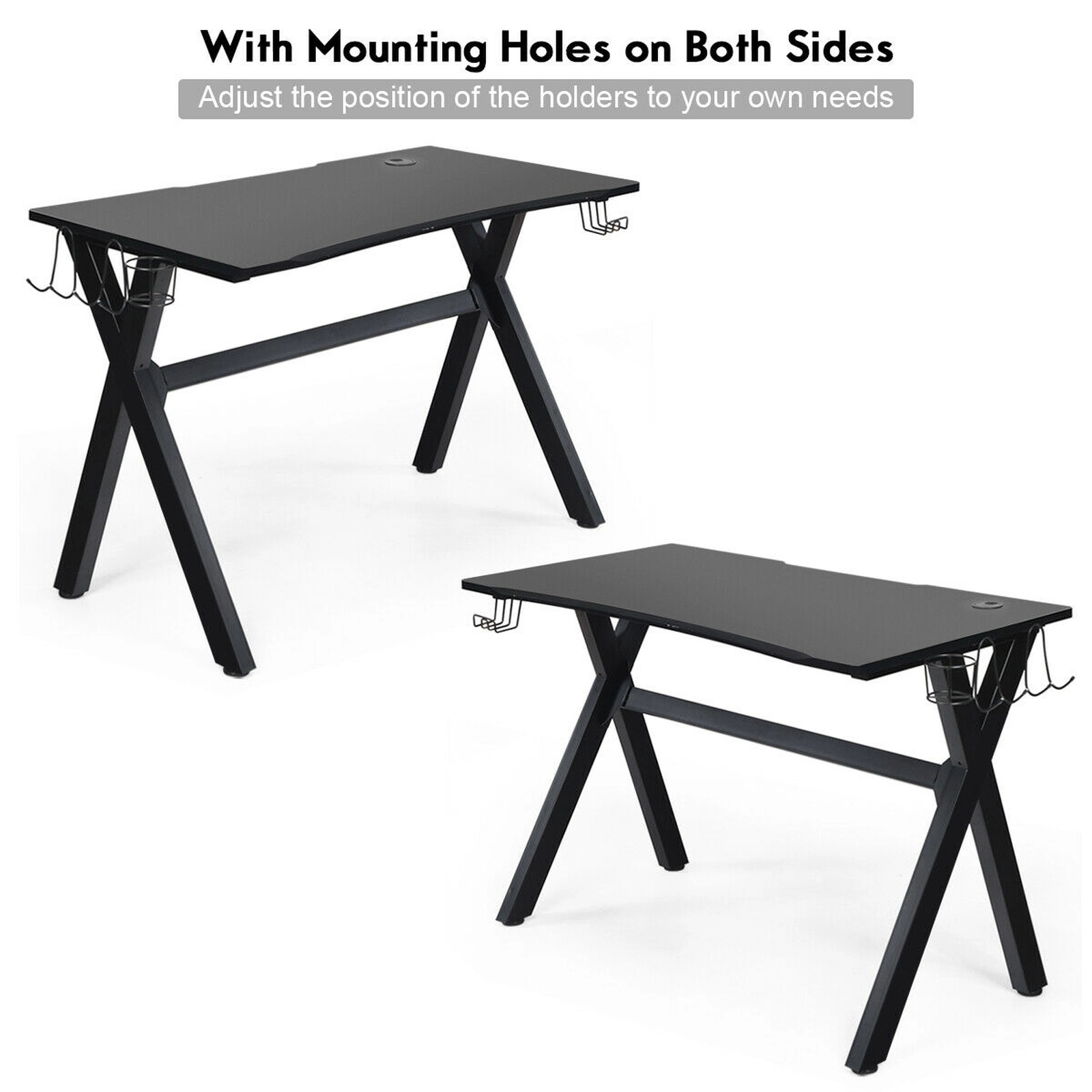 SUGIFT Ergonomic Gaming Desk with Mouse Pad Cup Holder Headphone Hook X-Shape Steel Frame 220-lb Capacity Black