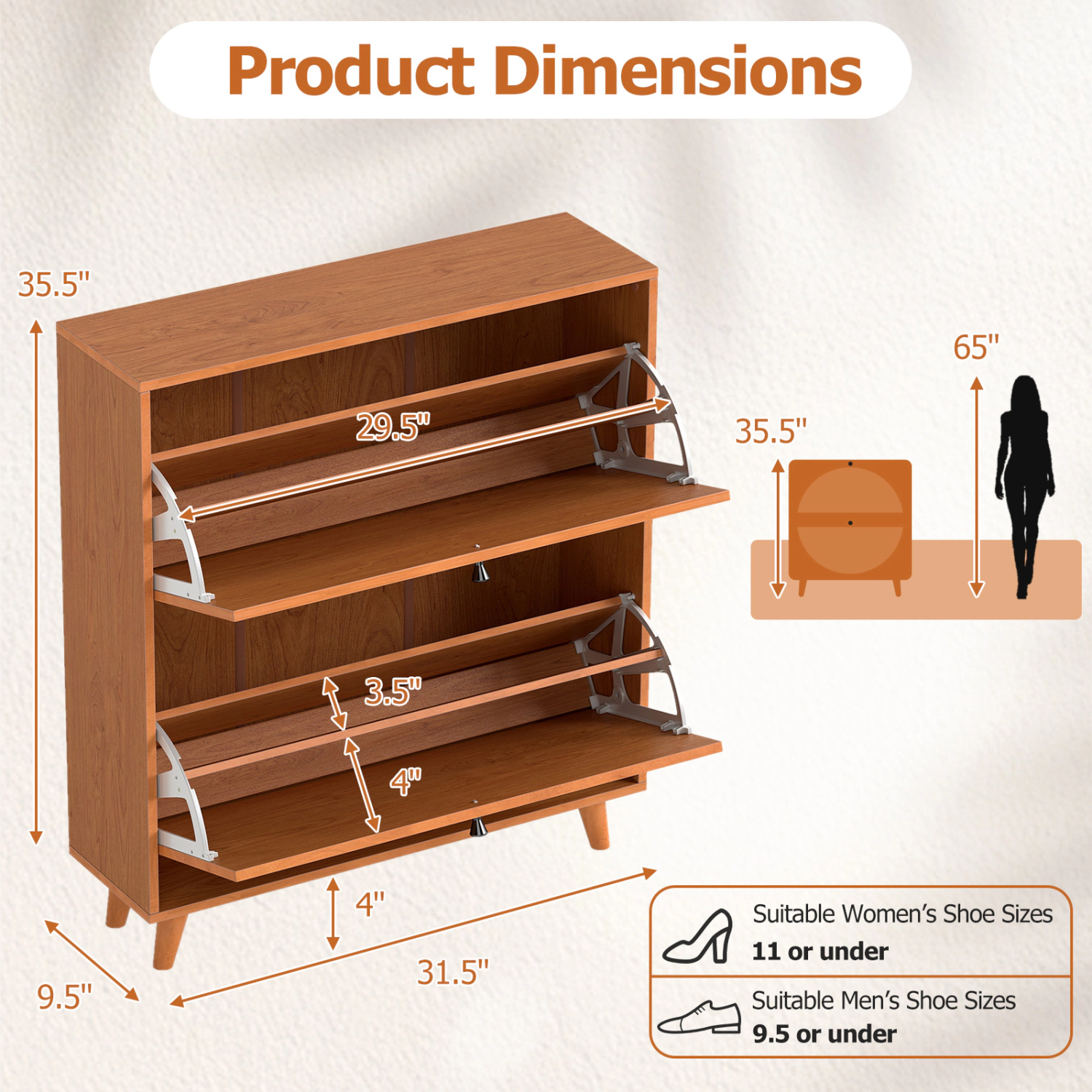 Glintex Slim Oak Shoe Cabinet with 2 Flip Drawers and Solid Wood Legs, Oak