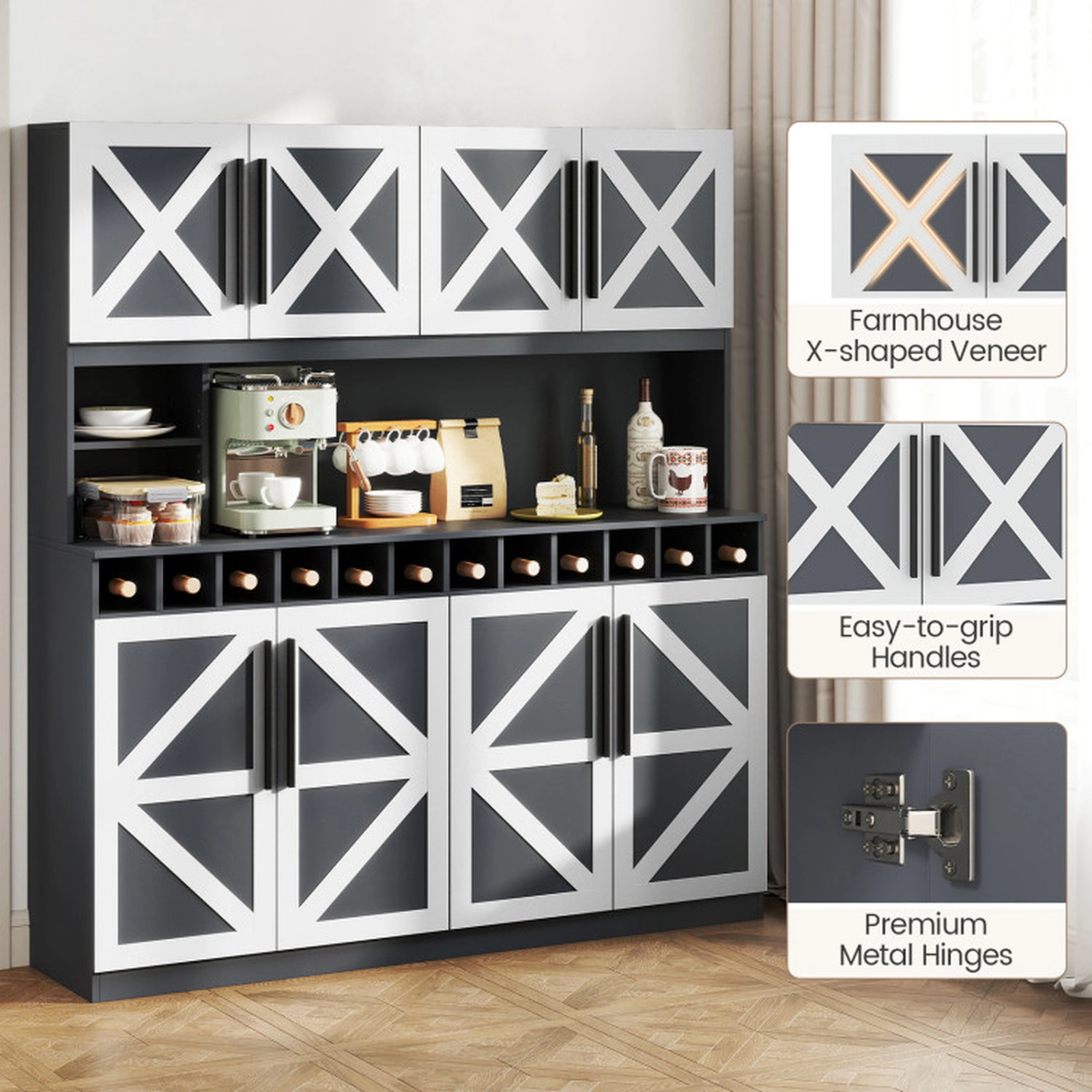 SUGIFT 70-in Farmhouse 4 Cabinets 2 Shelves 12 Wine Slots Kitchen Pantry Hutch 63-in x 16-in 330-lb Capacity Dark Gray
