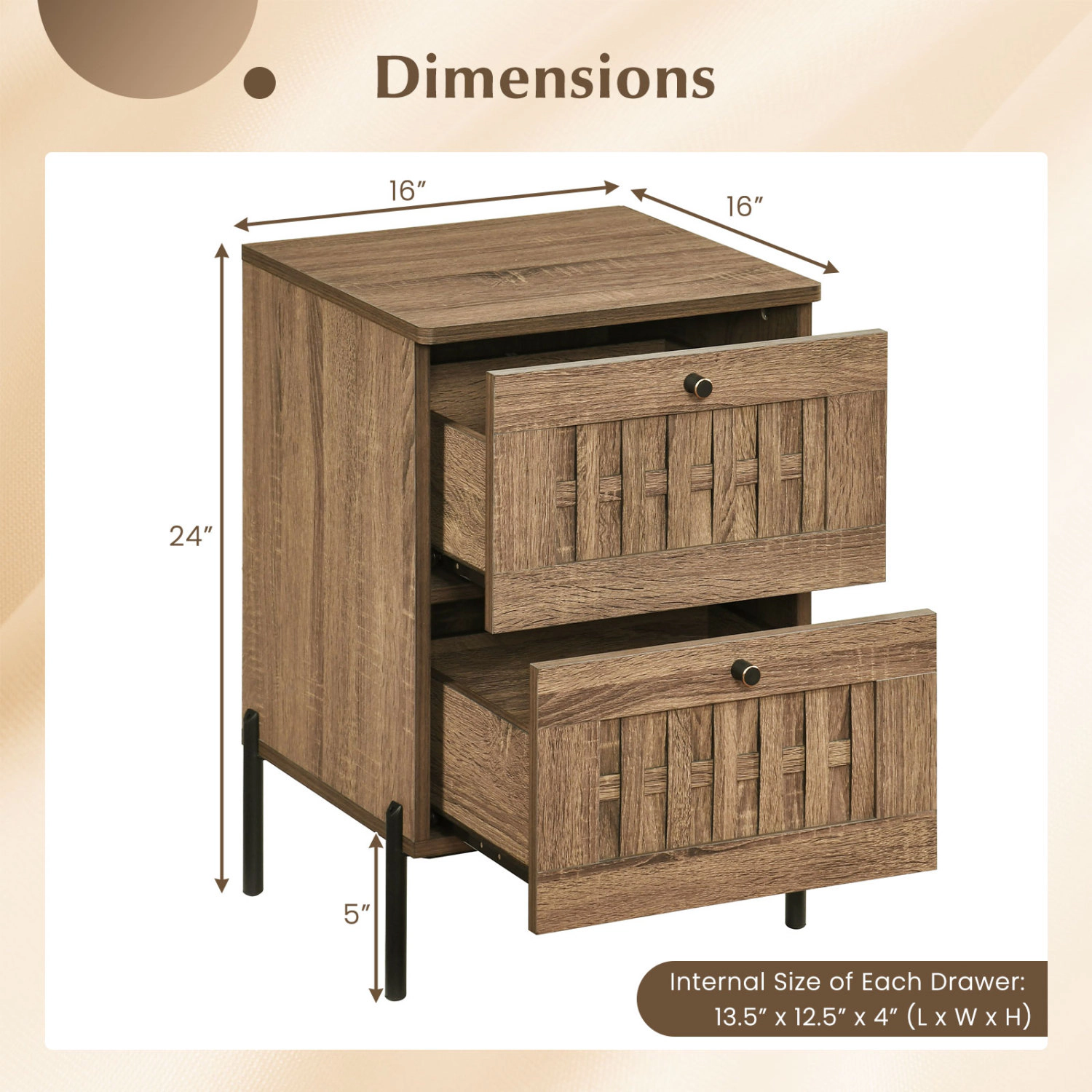 SlickBlue 2 Drawer Nightstand with Woven Front and Metal Legs