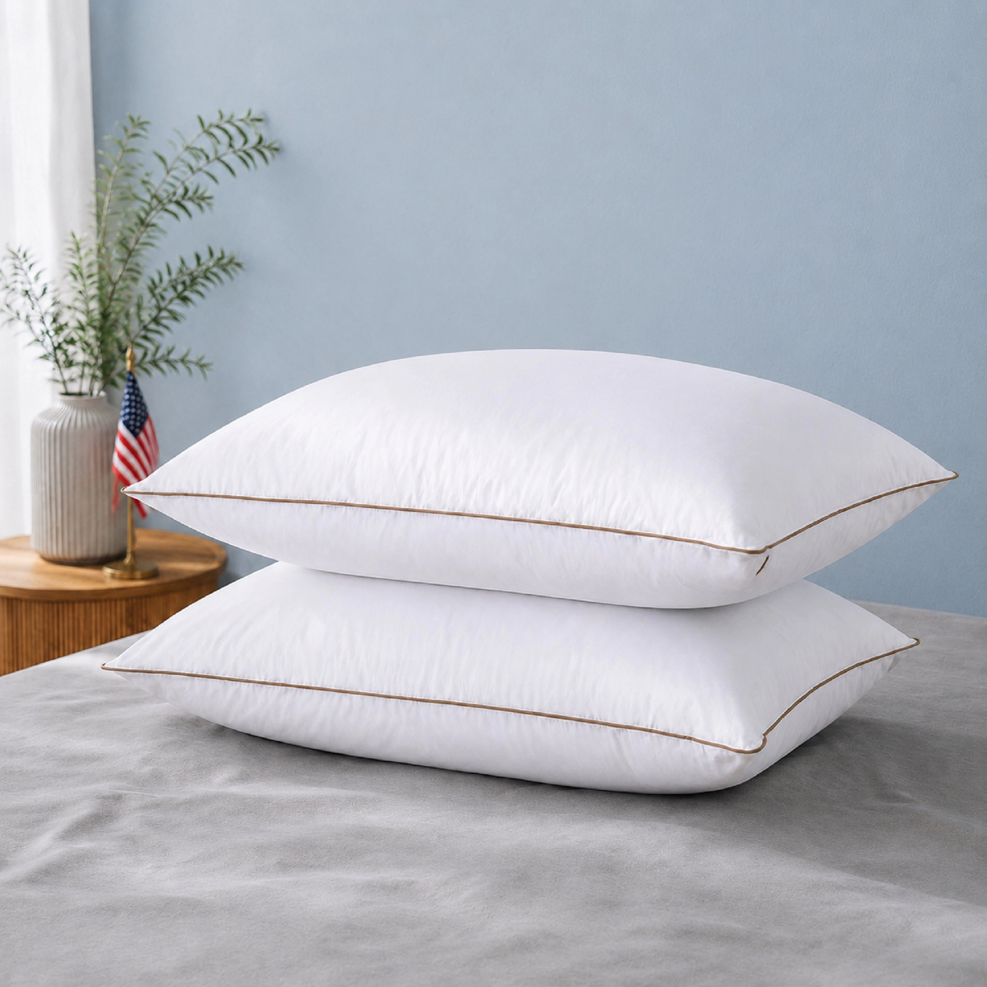 PEACENET Goose Feather and Down Bed Pillows with Double-Layer Shell and Brown Piping,Set of 2