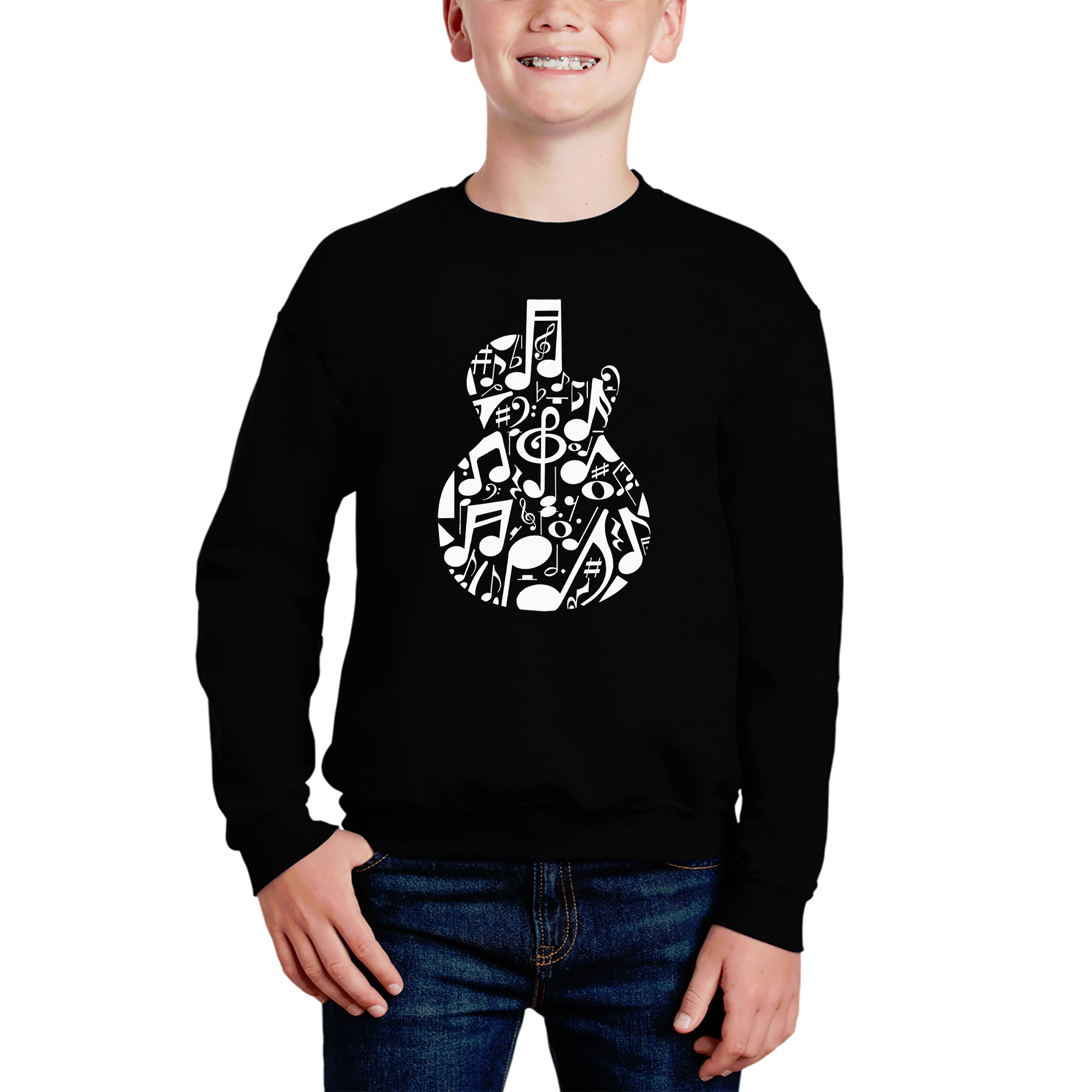 LA Pop Art Boy's Word Sweatshirt - Music Notes Guitar