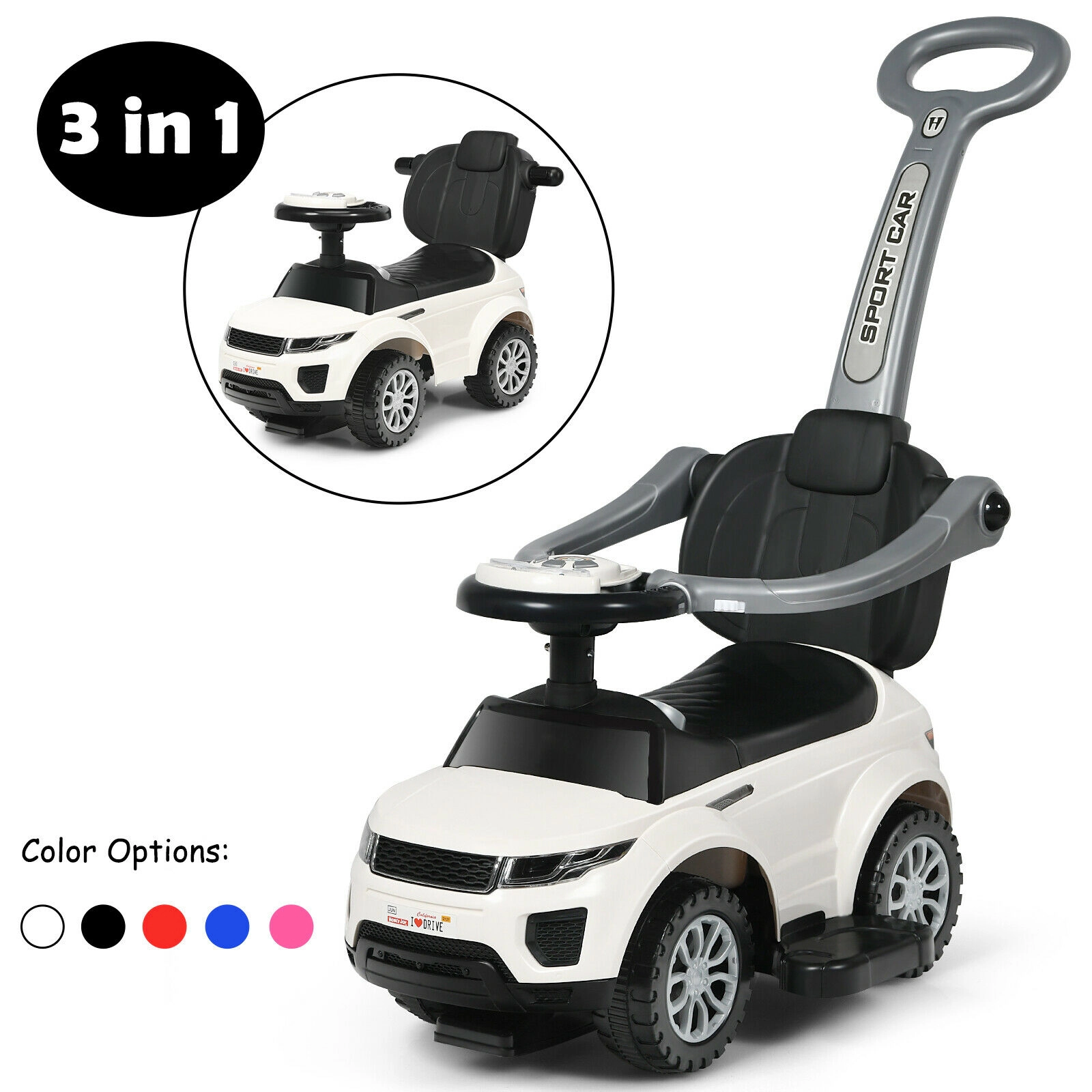 SUGIFT 3-in-1 Ride-On Push Car Toddler Stroller Sliding Car 35-in Frame 55-lb Capacity Ages 12-36 Months Black