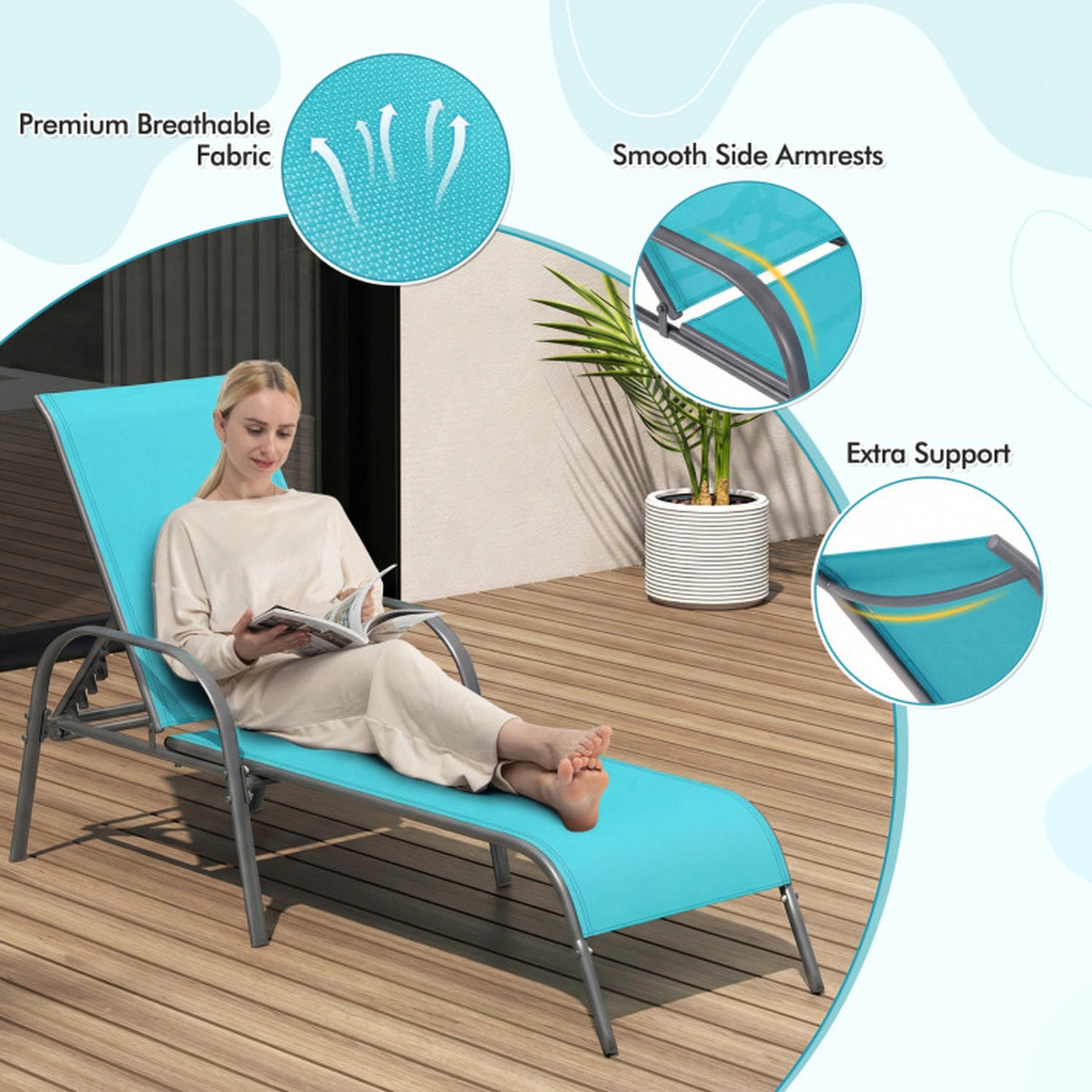 SUGIFT Adjustable 5-Position Patio Chaise Lounge Chair 350-lb Capacity 75.5-in Horizontal 62.5-in Upright Turquoise