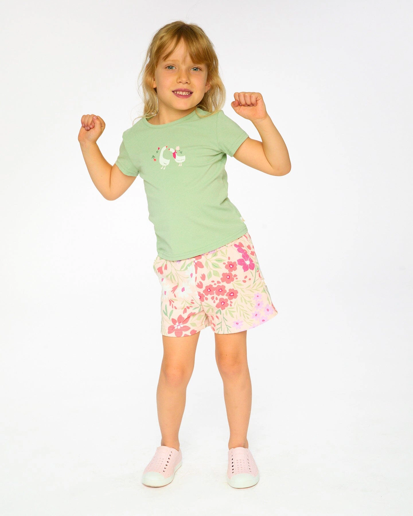 Deux par Deux Girls Flower Print French Terry Elastic Waist Slant Pocket Shorts