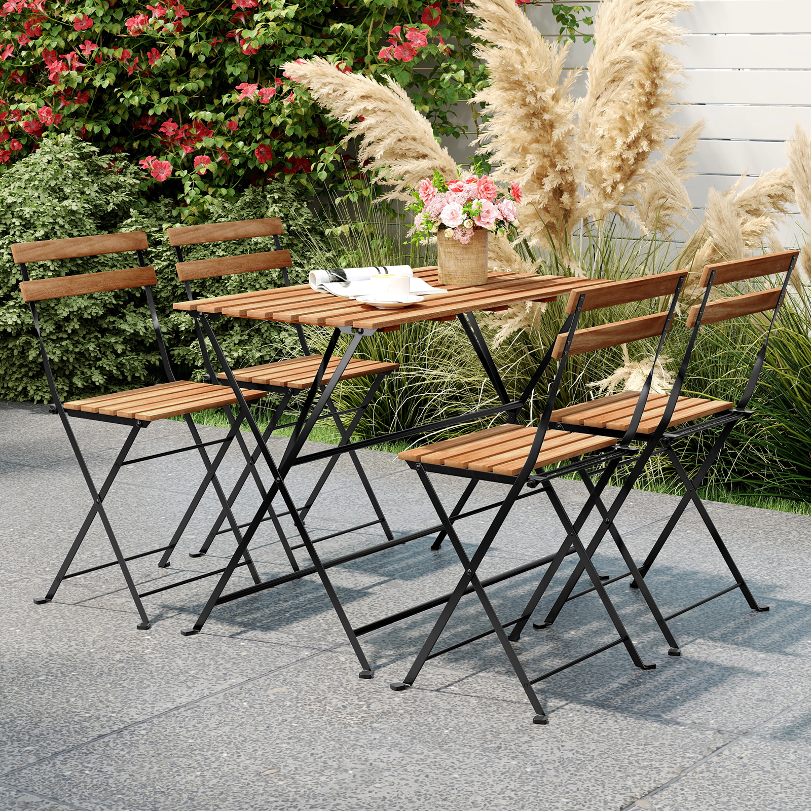 SUGIFT 5 Piece Patio Dining Set Brown Acacia Wood Table with 4 Folding Chairs
