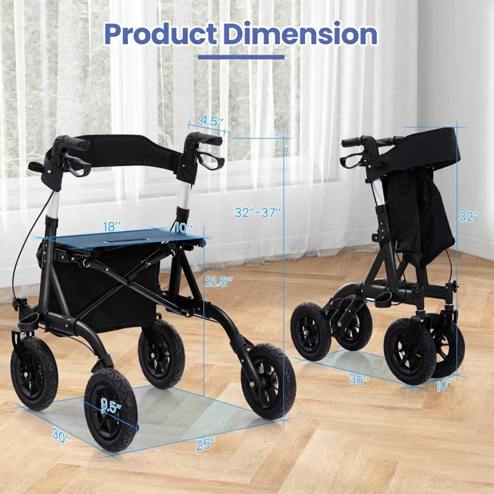 SUGIFT Black Folding Rollator Walker with 9.5-in Pneumatic Wheels 30-in W 25-in D 350-lb Seat Capacity
