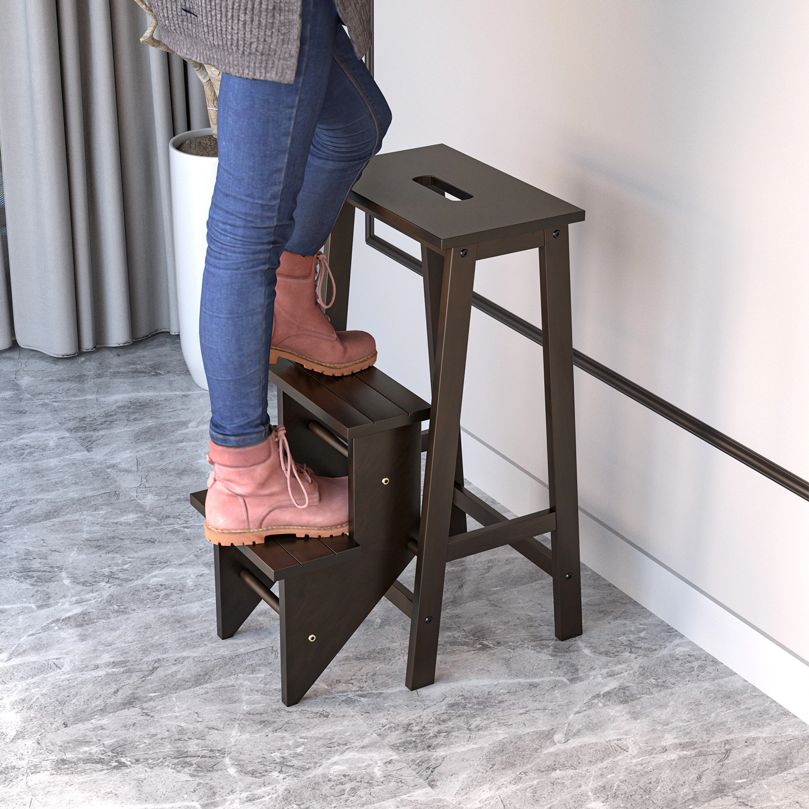 SUGIFT 3-in-1 Rubber Wood 3-Tier Folding Step Stool Ladder with Storage Shelf 200-lb Capacity Each Step Brown