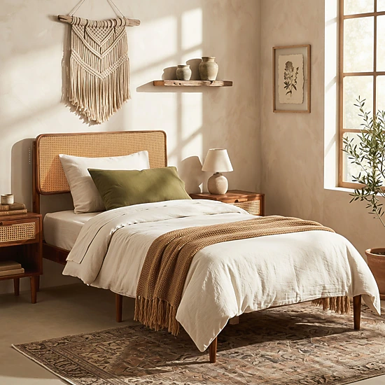 SUGIFT Twin Boho Rattan Bed Frame, Acacia Wood Platform, Brown