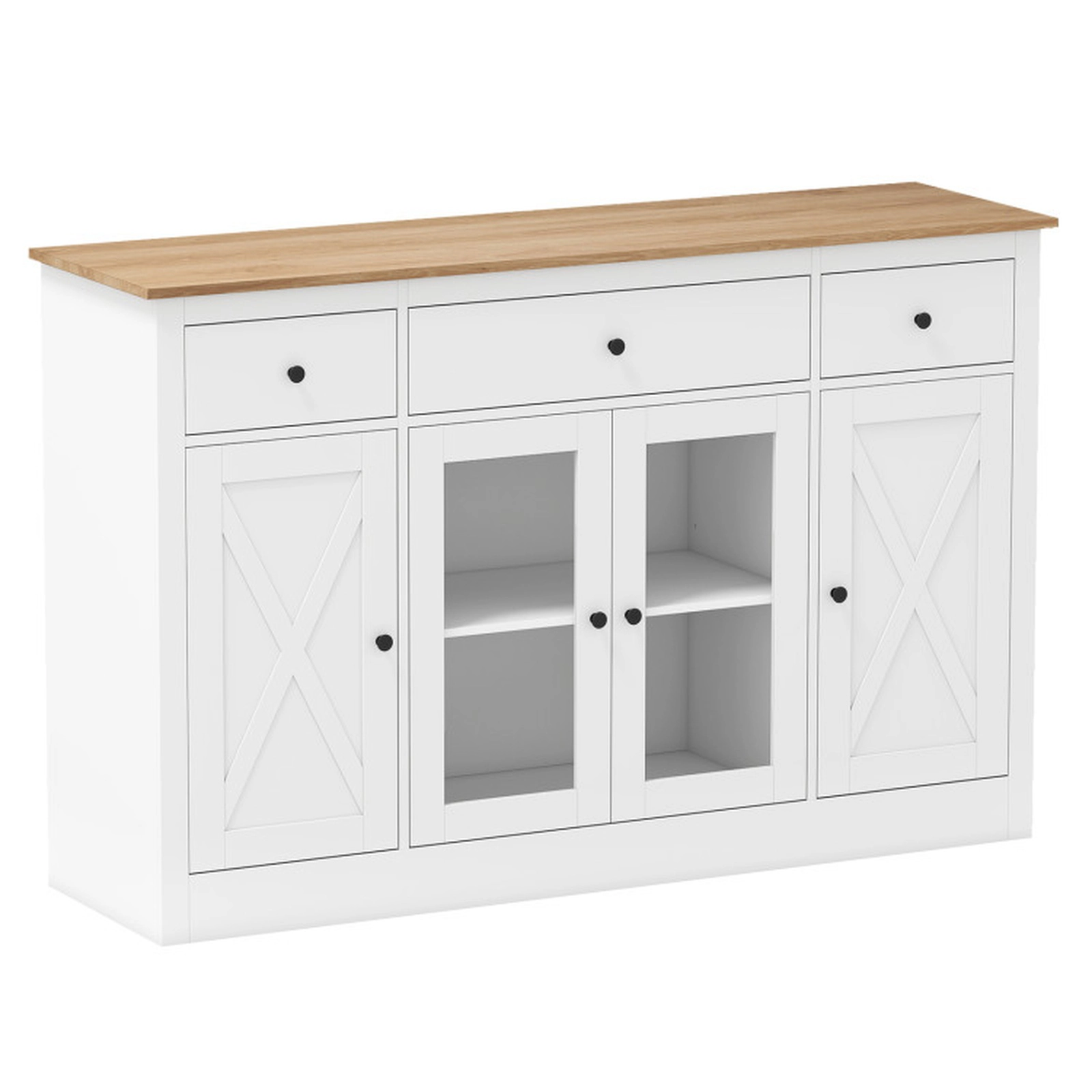 SUGIFT 55.5-in Large White Buffet Sideboard Wine Bar Table with 3 Drawers 2 See-Through Doors and Shelves