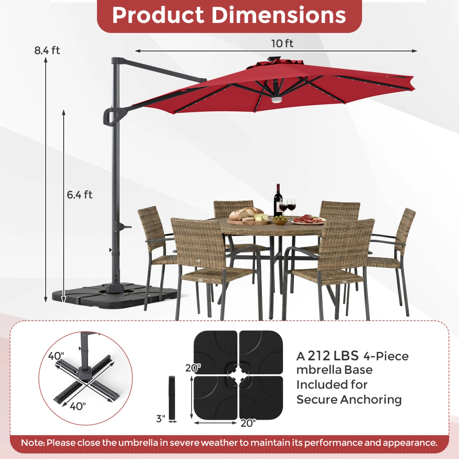 SUGIFT 10-ft Cantilever Patio Umbrella with 35 Solar LED Lights & 220-lb Fillable Base Tan/Beige/Navy/Gray/Wine + Black