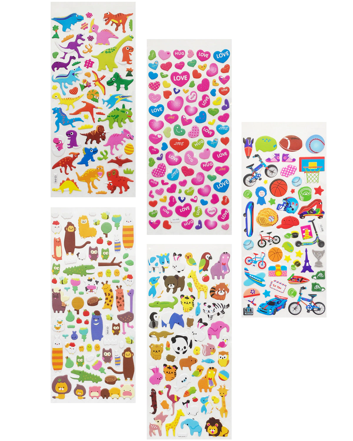 Wrapables 3D Puffy Stickers Bubble Stickers for Crafts & Scrapbooking, (10 Sheets) Dinosaurs Animals Hearts Food