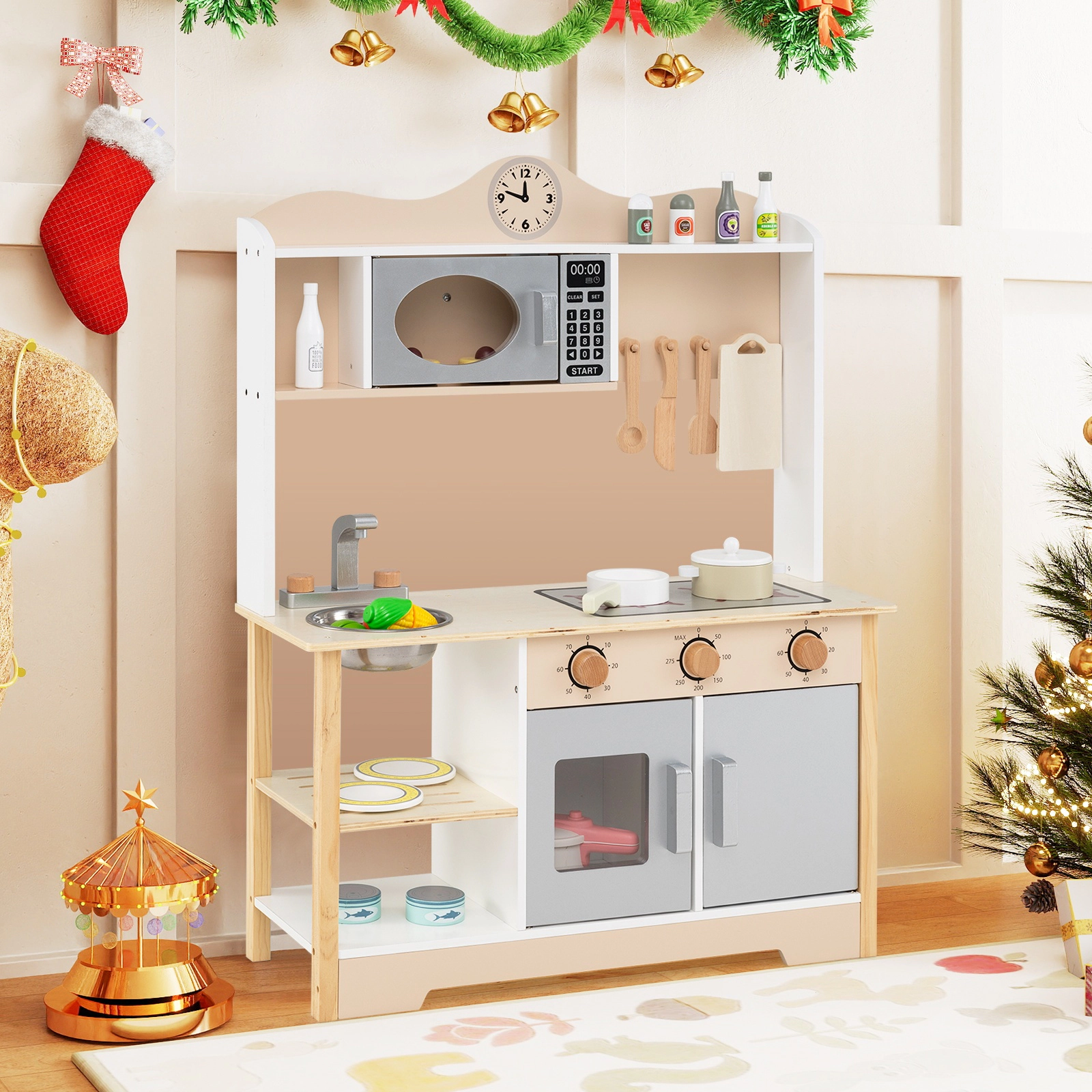 SUGIFT Wooden Play Kitchen Cooking Toy Playset with 13 Accessories for Kids Ages 3+ 27-in Wide White Natural Gray