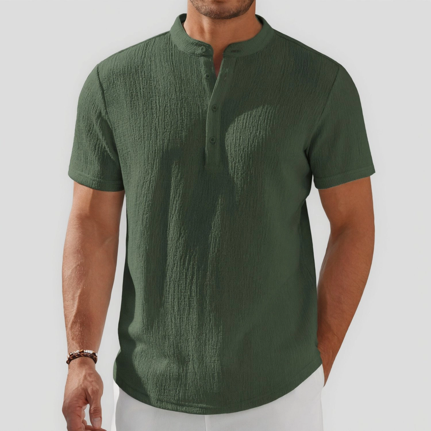 COOFANDY Mens  Casual Henley Shirt Short Sleeve Band Collar Button Crinkle Tee