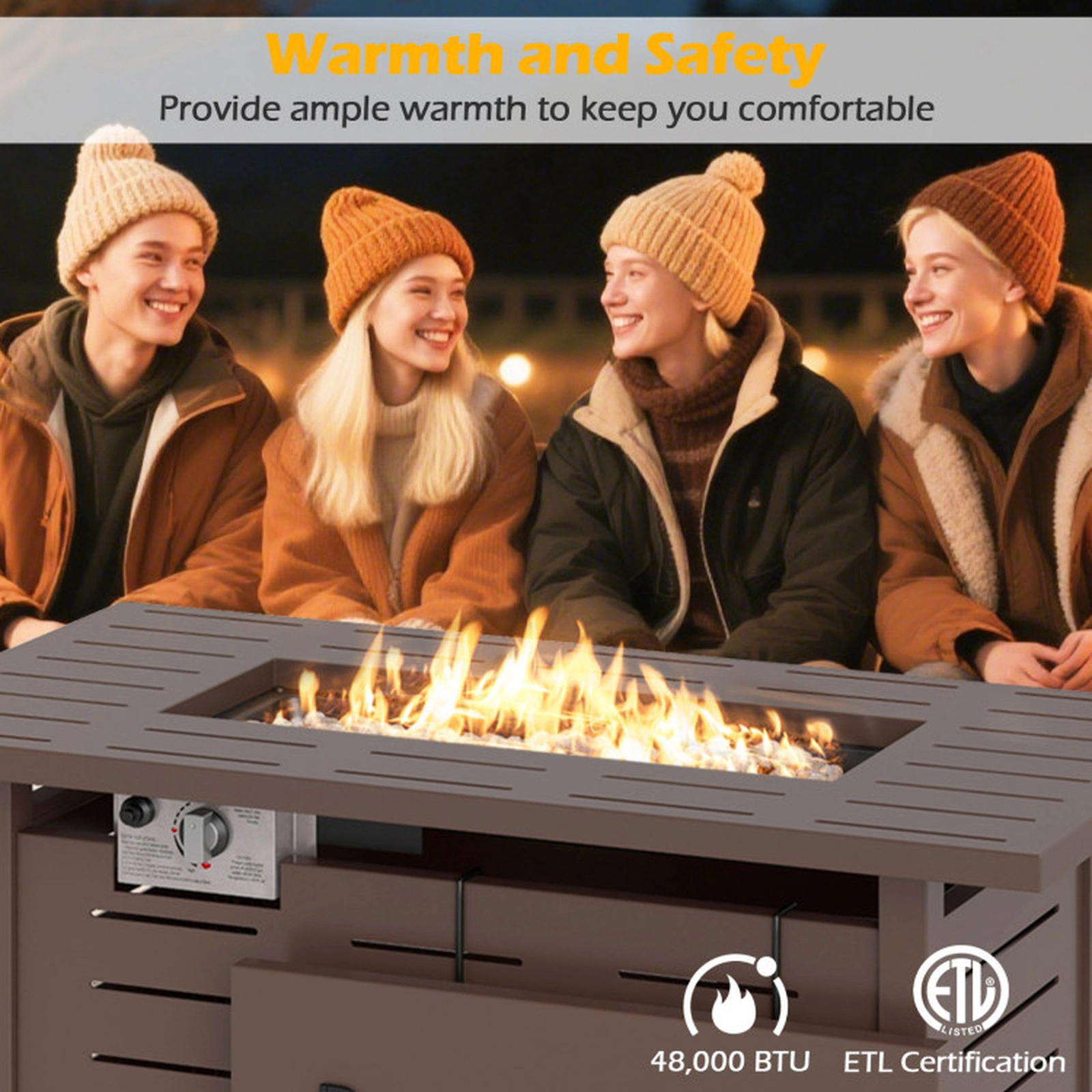 SUGIFT Brown Rectangle Propane Gas Fire Pit Table with Lava Rocks and Removable Lid 40-in W 20-in D 25-in H