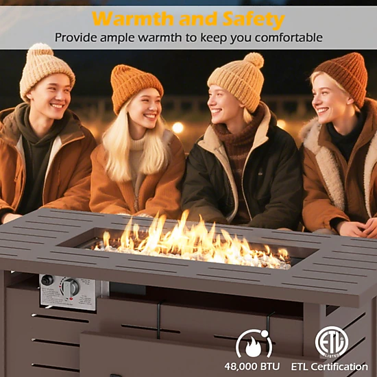 SUGIFT Brown Rectangle Propane Gas Fire Pit Table with Lava Rocks and Removable Lid 40-in W 20-in D 25-in H