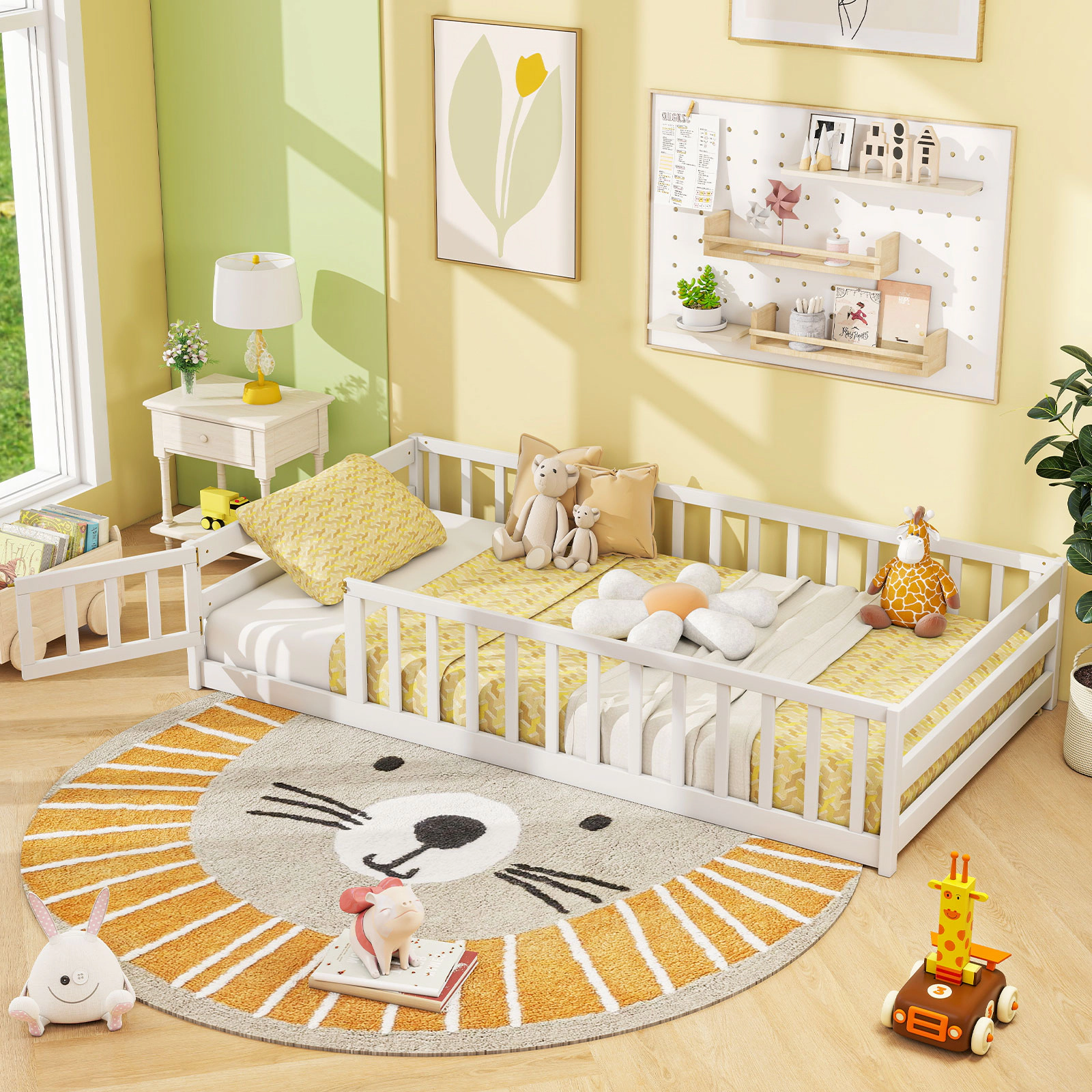SUGIFT Lockable Door and Full-Length Fence Pine Wood Twin Kids Montessori Floor Bed