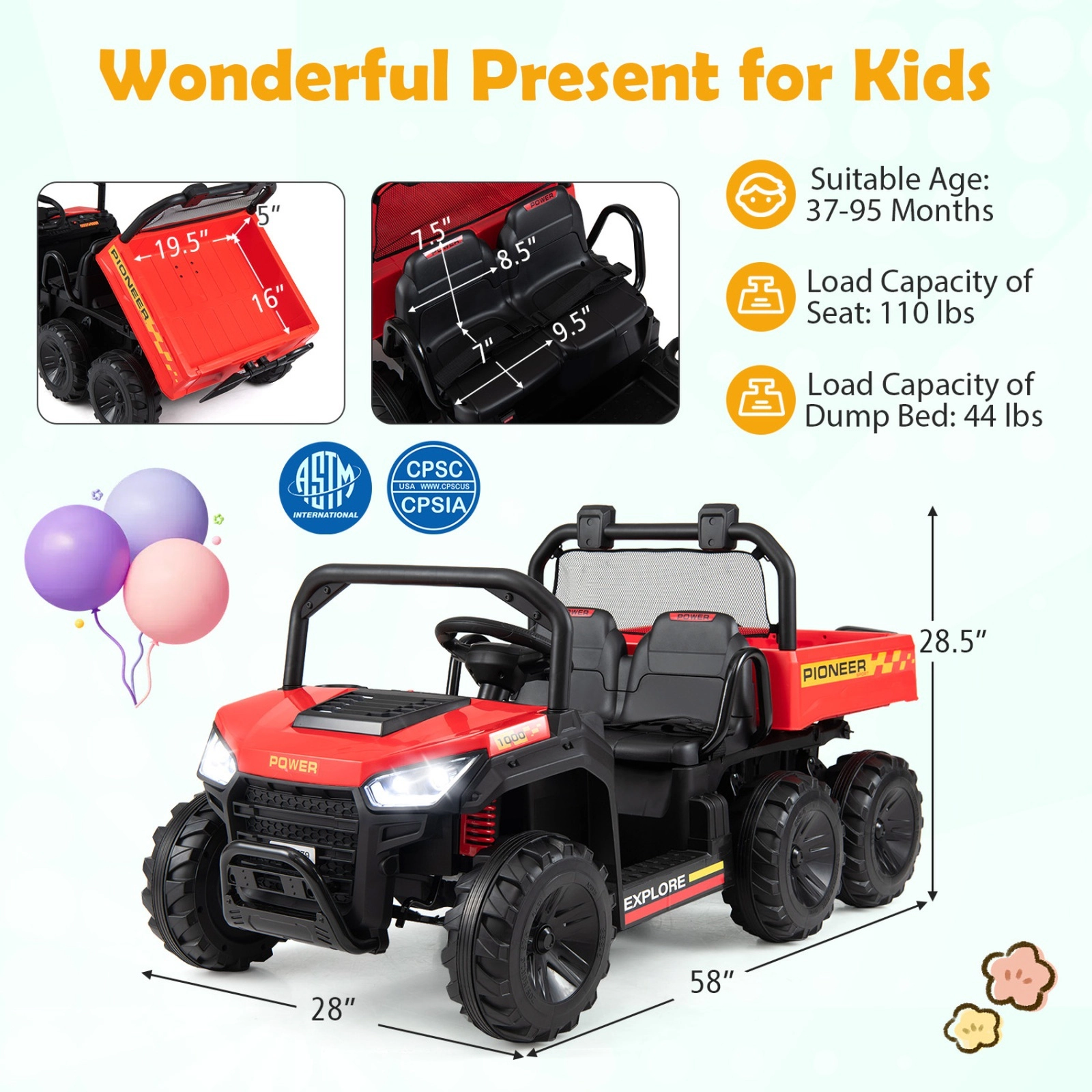 24V 2-Seater Kids Ride On Dump Truck 4WD with Electric Dump Bed Shovel and Parent Remote LED Lights Ages 3-8 Red Toy