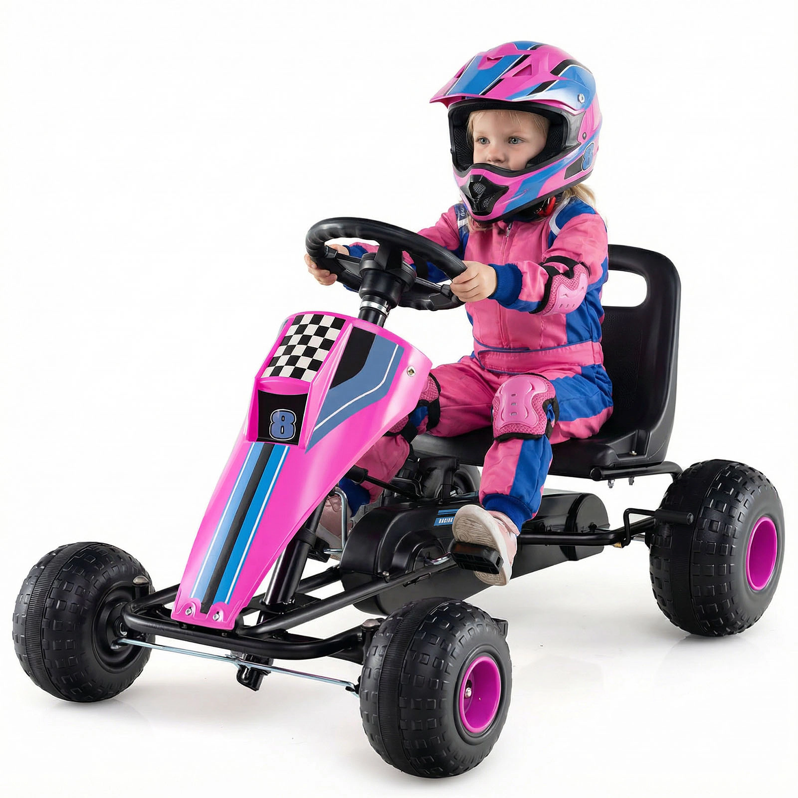 LJG 4-Wheel Ride on Toy Pedal Go Kart for Kids with Steering Wheel and Safe Handbrake