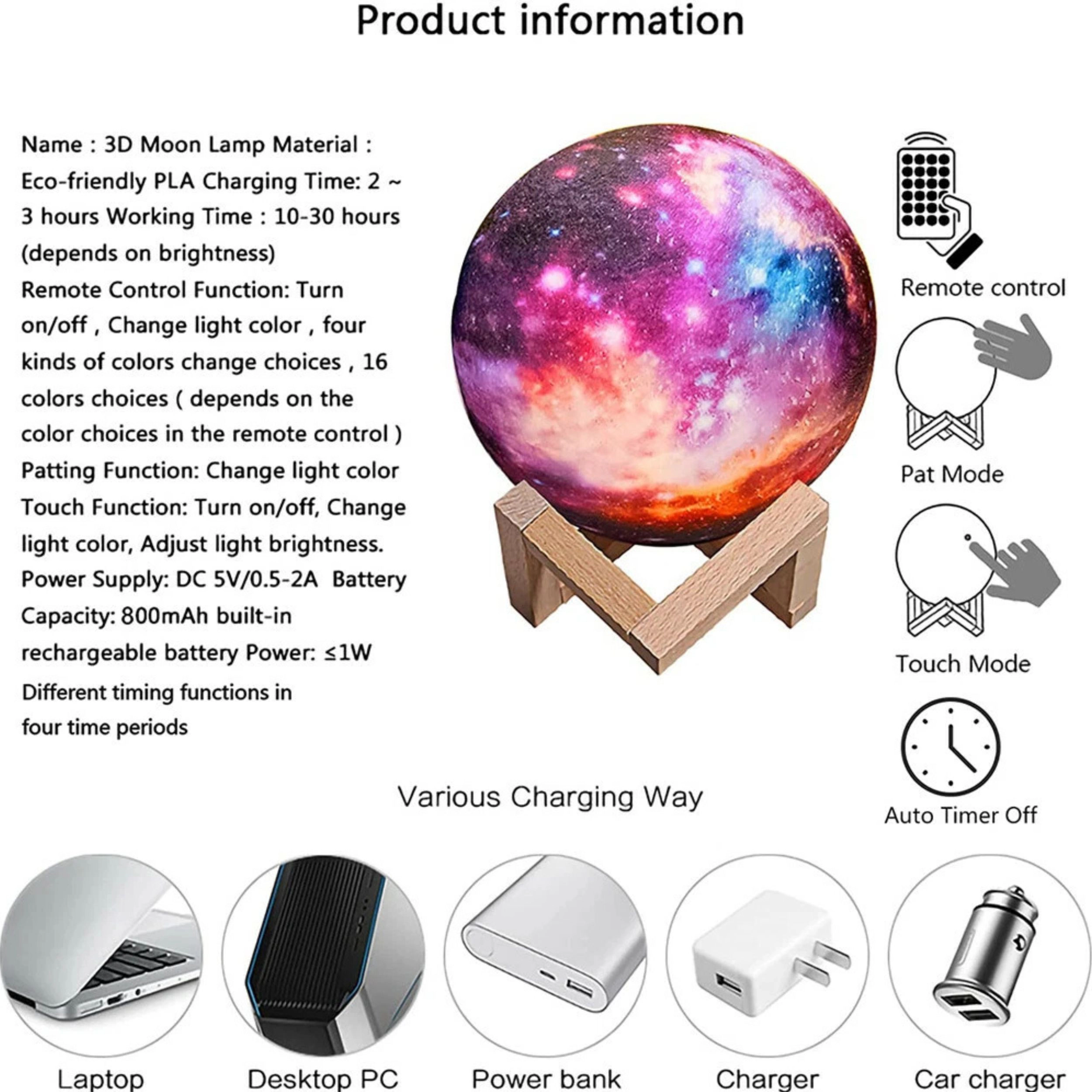 Home Collection 3D Galaxy Moon Lamp USB Rechargeable LED Night Light 16 Colors