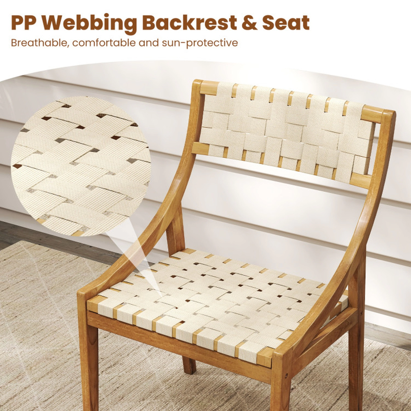 SUGIFT Set of 4 Teak Wood PP Webbing Seat Outdoor Dining Chairs 21-in x 20.5-in x 33-in 300-lb Capacity Natural